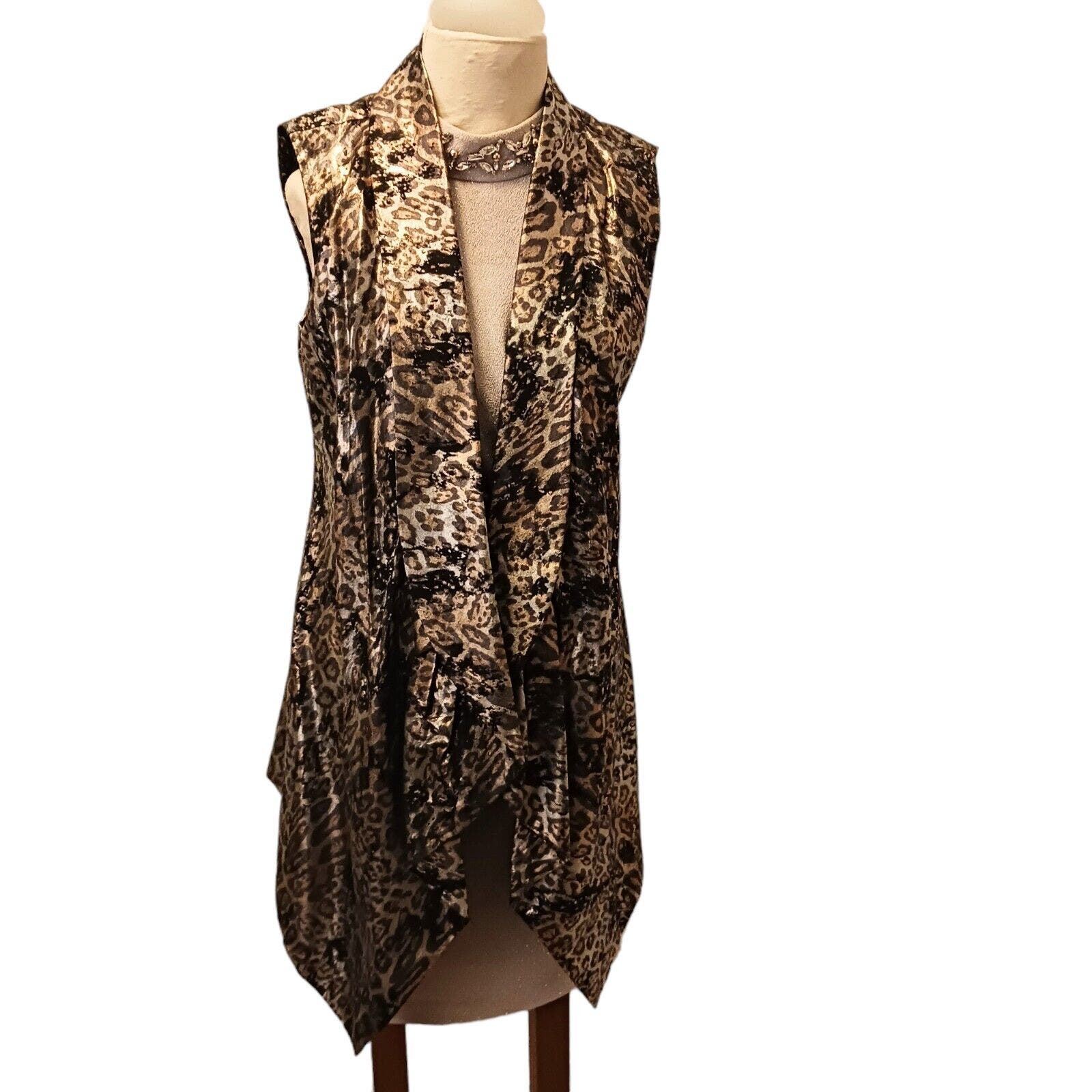 Alberto Makali Large Leopard Animal Print Metallic Vest Open Sleeveless Jacket