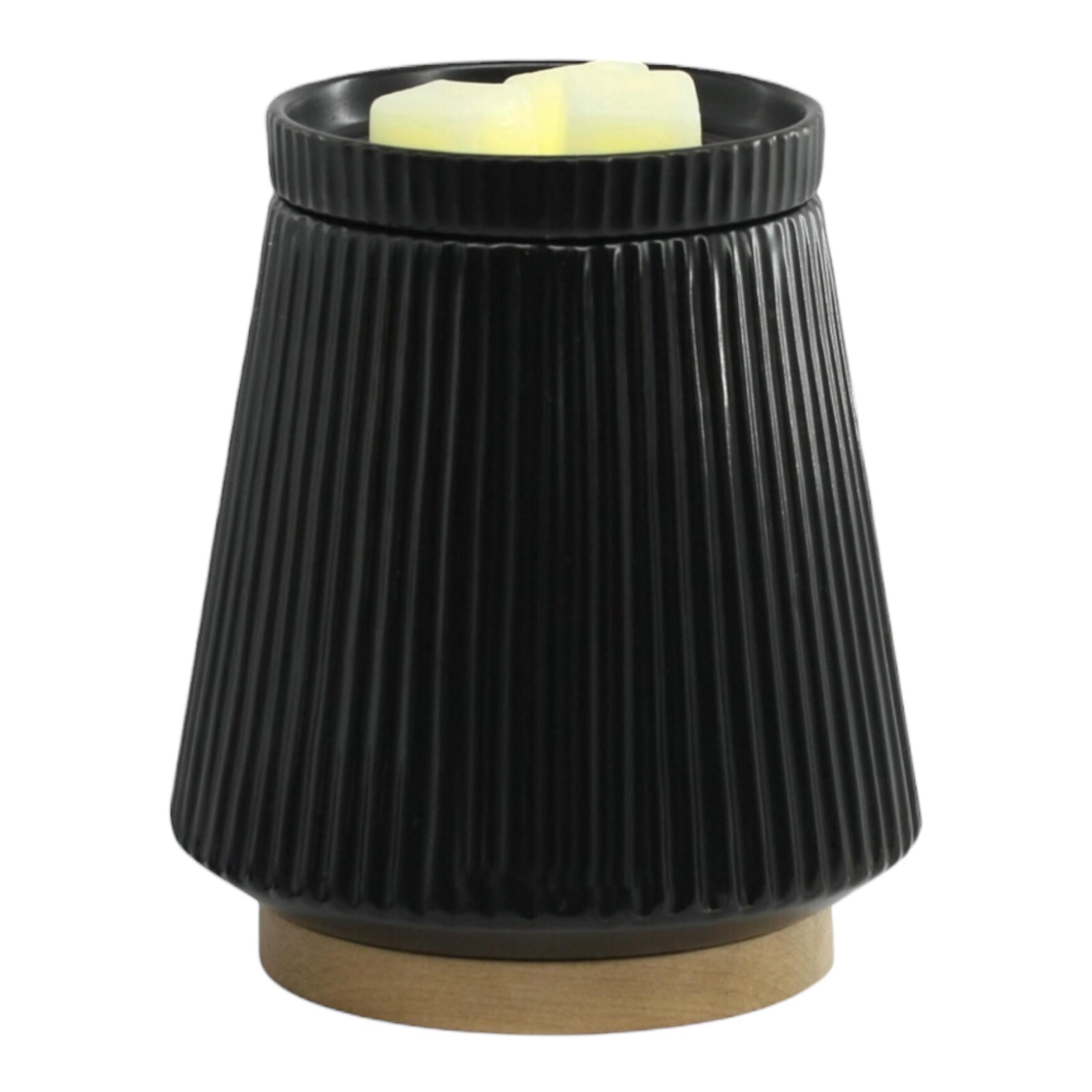 Better Homes & Gardens Electric Black Ribbed Ceramic Wax Warmer With Wood Base