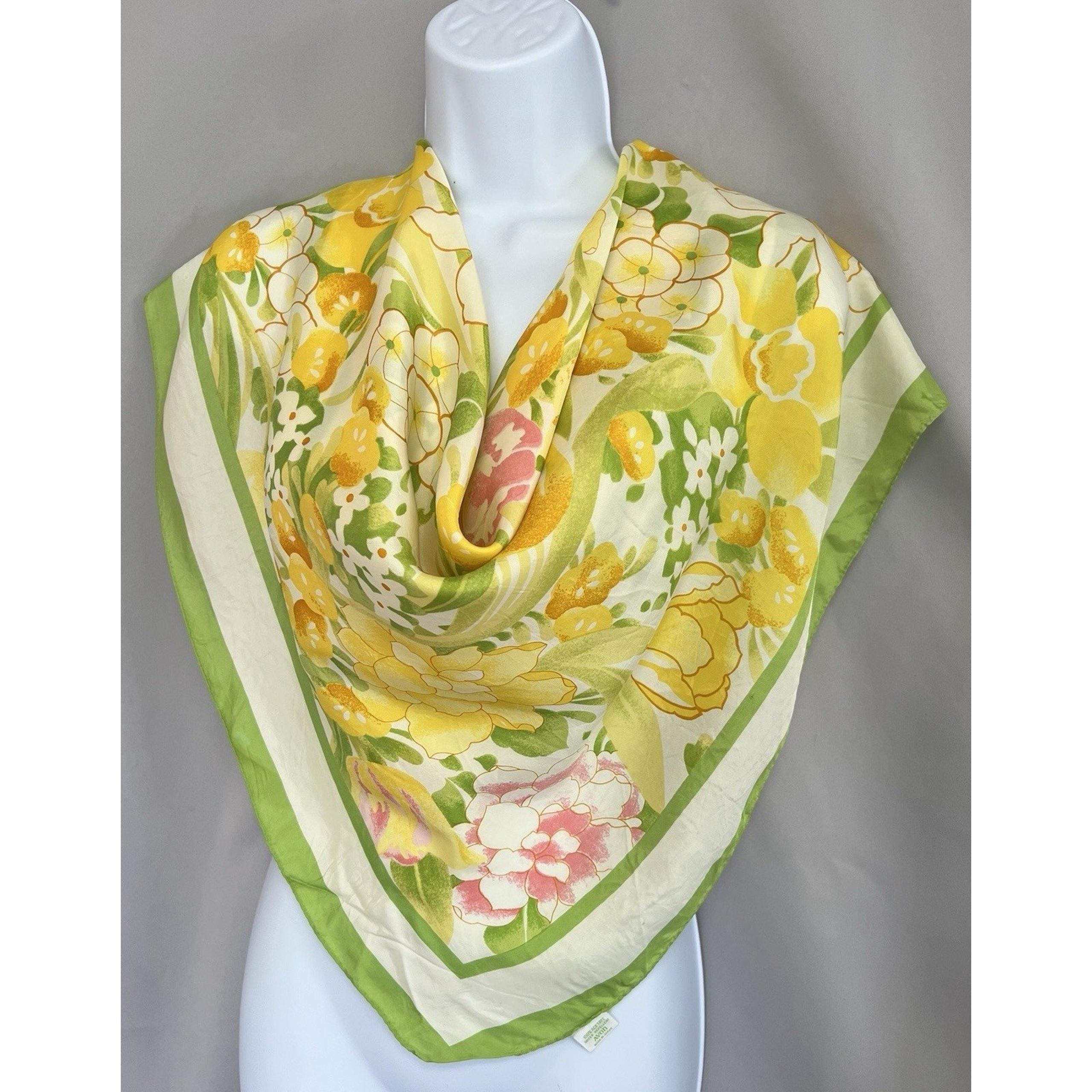 Vtg Green Yellow Burst of Spring Floral SM Kent Avon Acetate Scarf 27" Japan