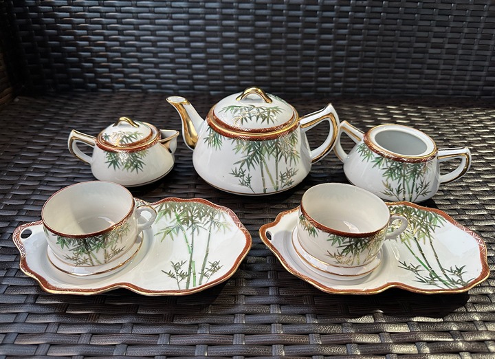 RARE Vtg 9 Piece Japanese CPO CPV12 Tea Set Guilded w/ Hand Painted Bamboo Trees