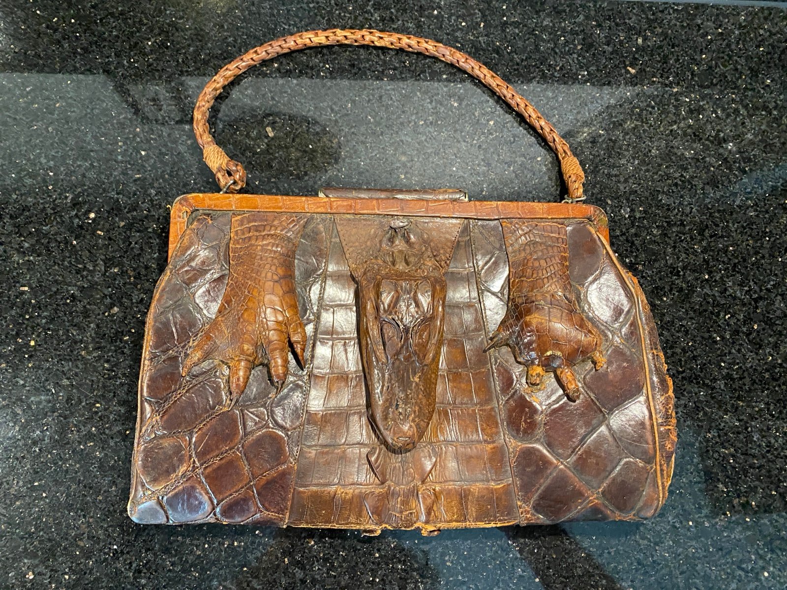 Antique Unique & Rare Alligator Hand Bag with Full Head & Two Feet 11”W 7.5”H