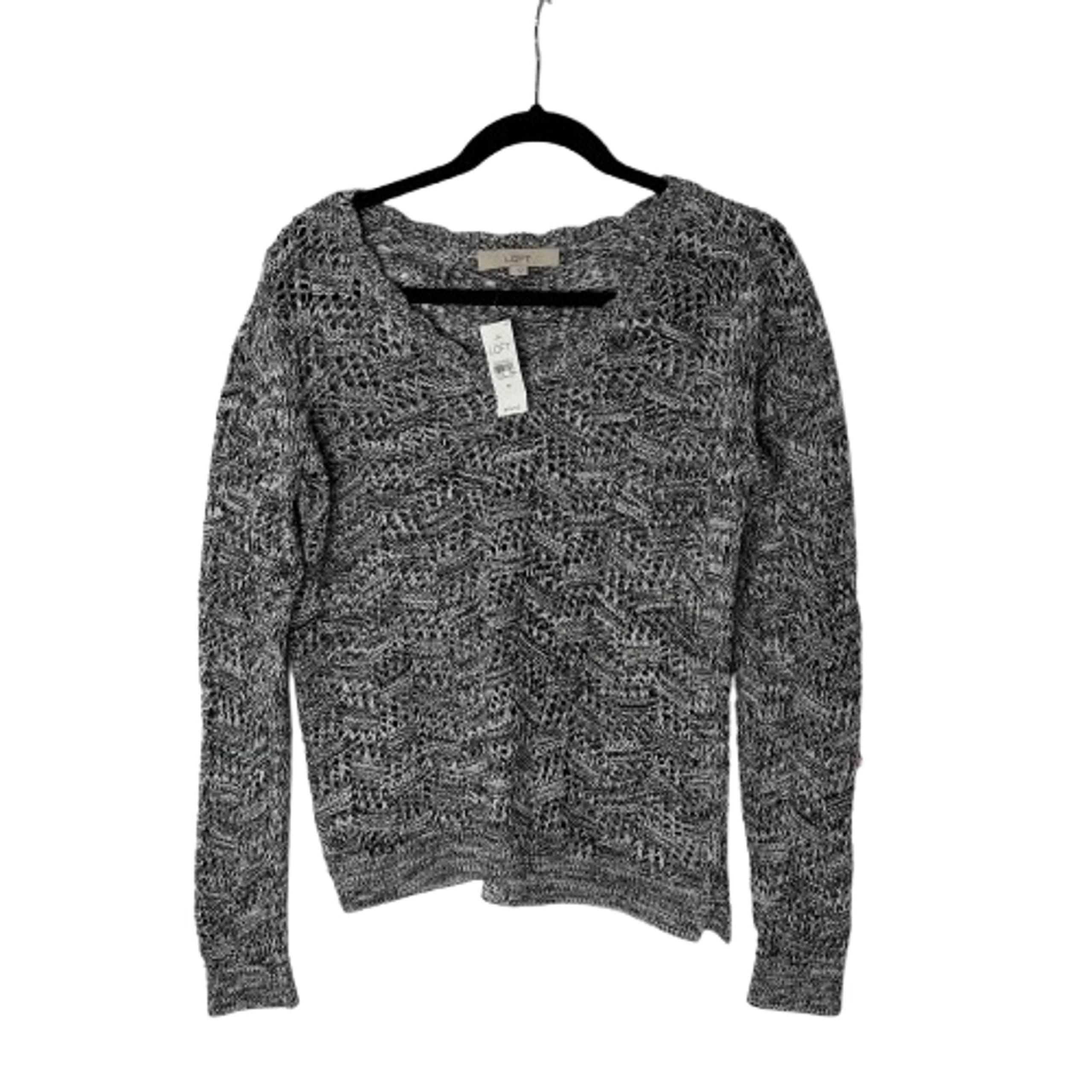 New Loft Sweater Sz M Gray Open Knit V-Neck Long Sleeve Pullover Scallop Boho