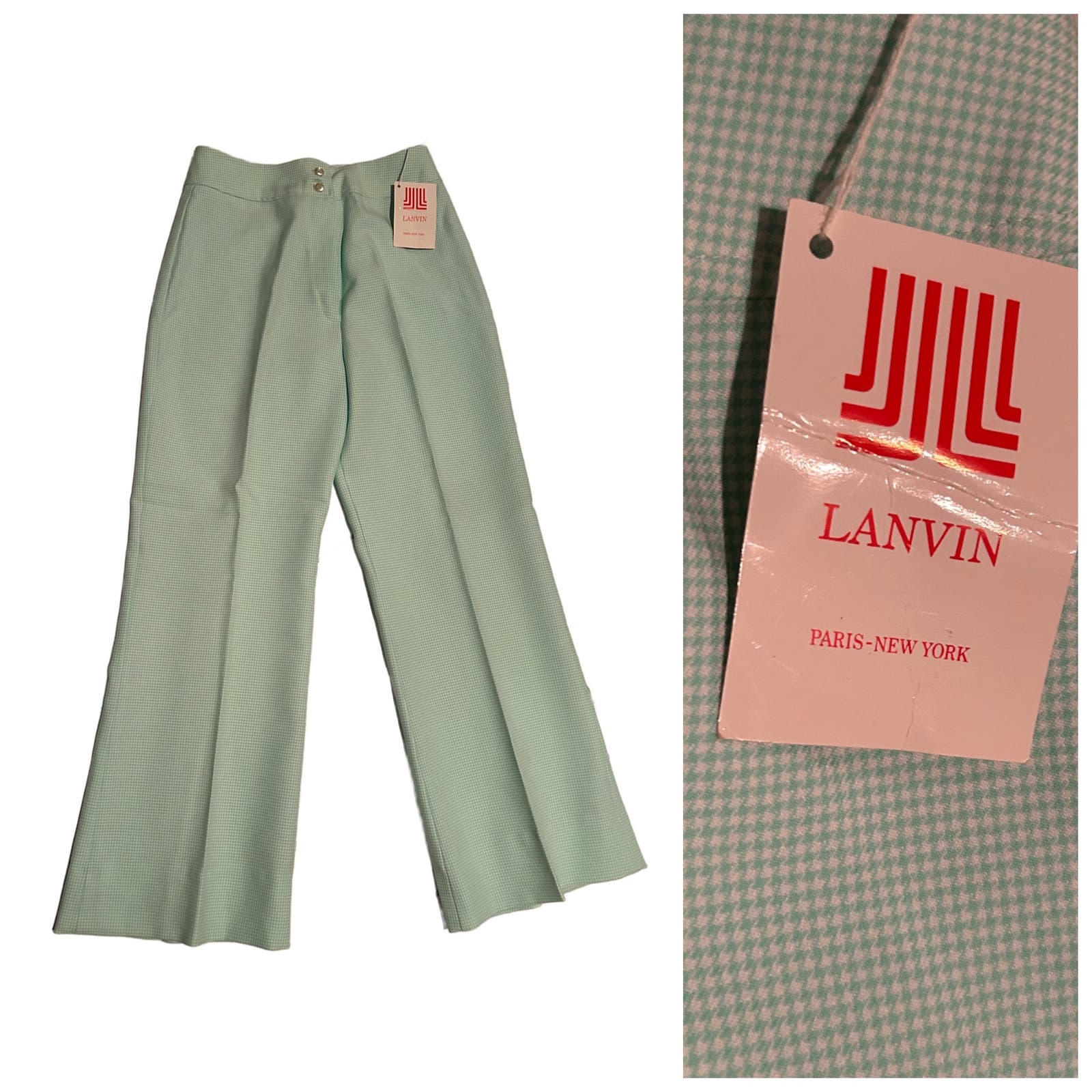 Deadstock Lanvin 1970s Pastel Green Houndstooth Flare Pants / Waist 26” *