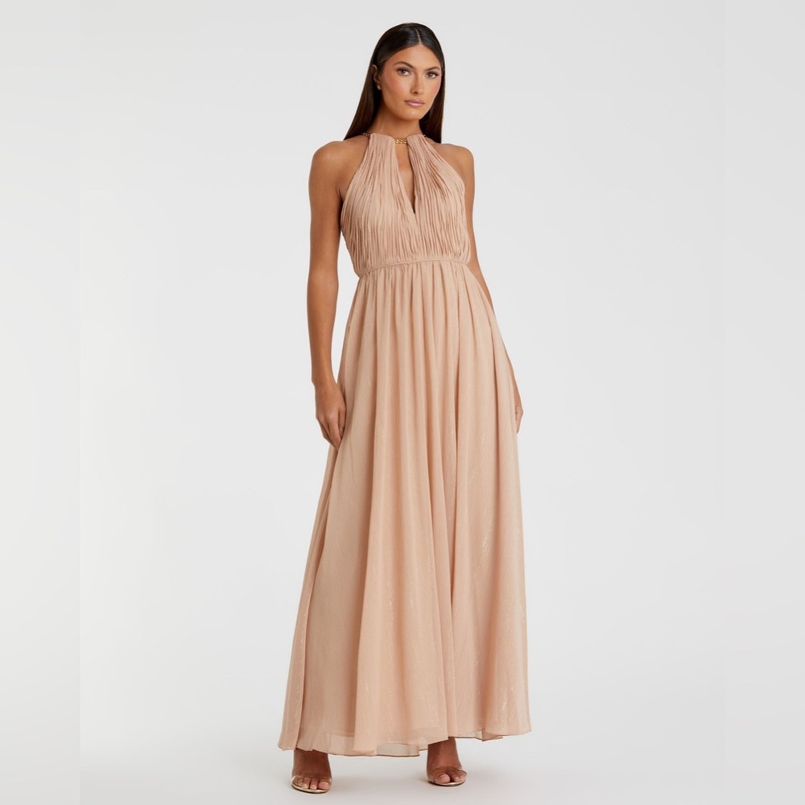 Mac Duggal Beige Chain Trim Keyhole Halter Neck A Line Gown, size 2 NWT