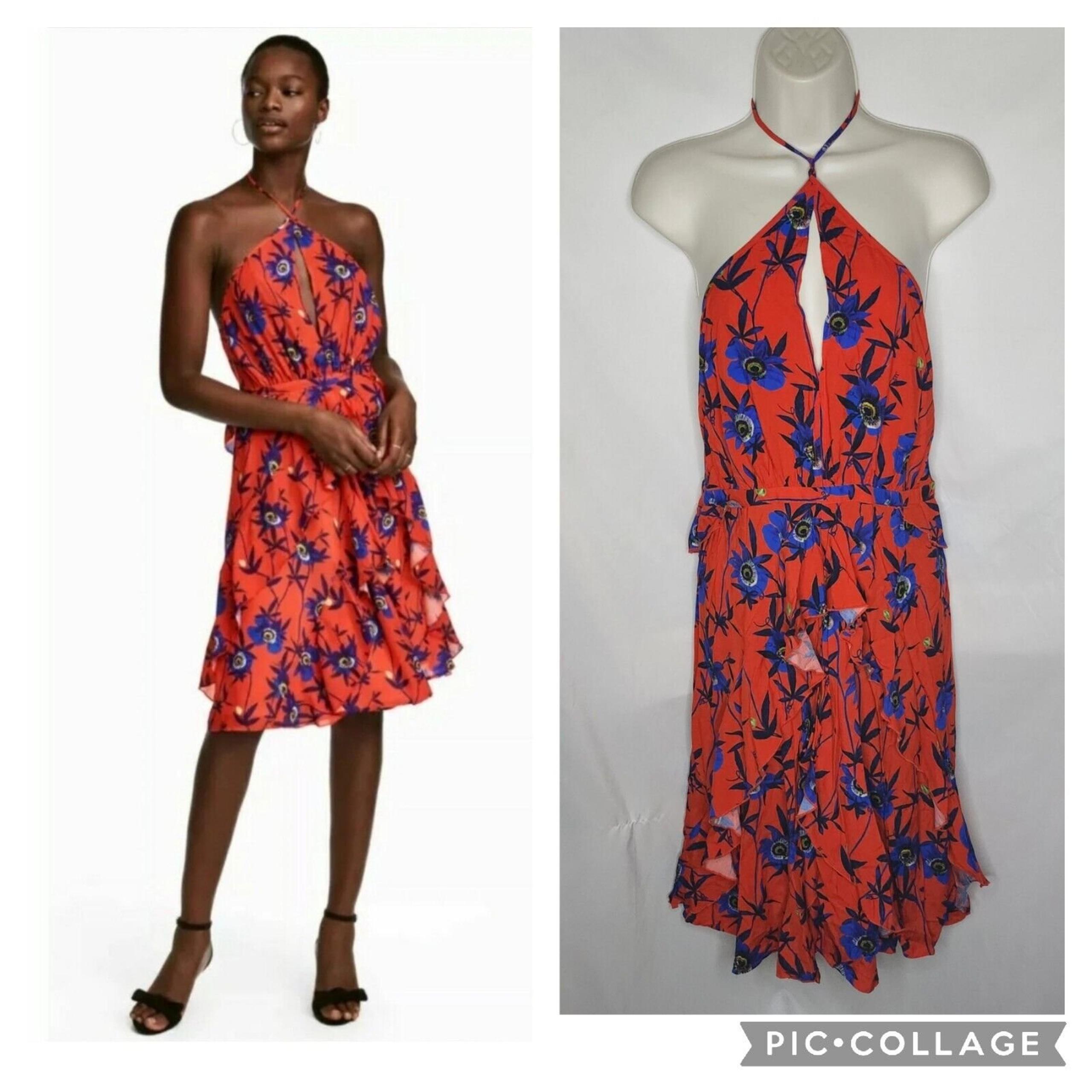 New H&M Red Floral Print Keyhole Halterneck Sundress Tiered Y2K Flowy Fairy Sz 8