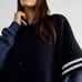 Free People Pep Rally Stripe Poncho Sweater Jacket Snaps Cobalt Black White