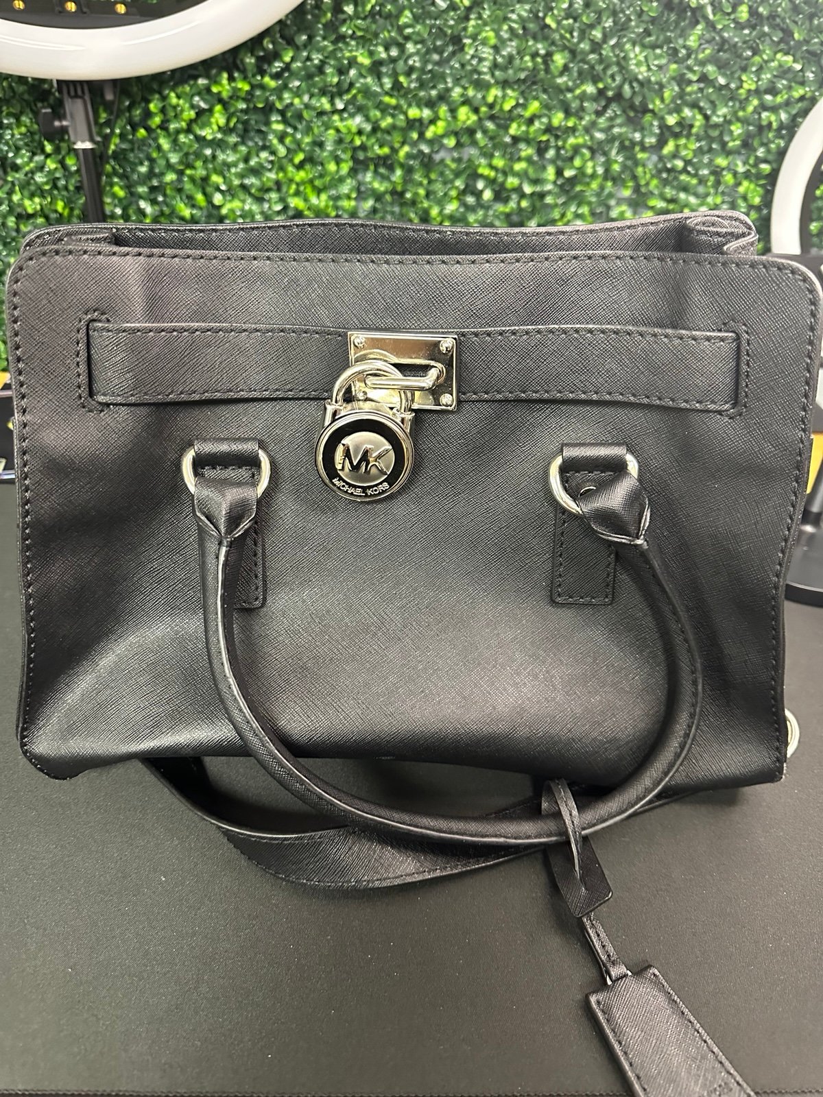 Michael Kors Hamilton Medium Satchel Bag with Silver Chain and Lock & Key Black