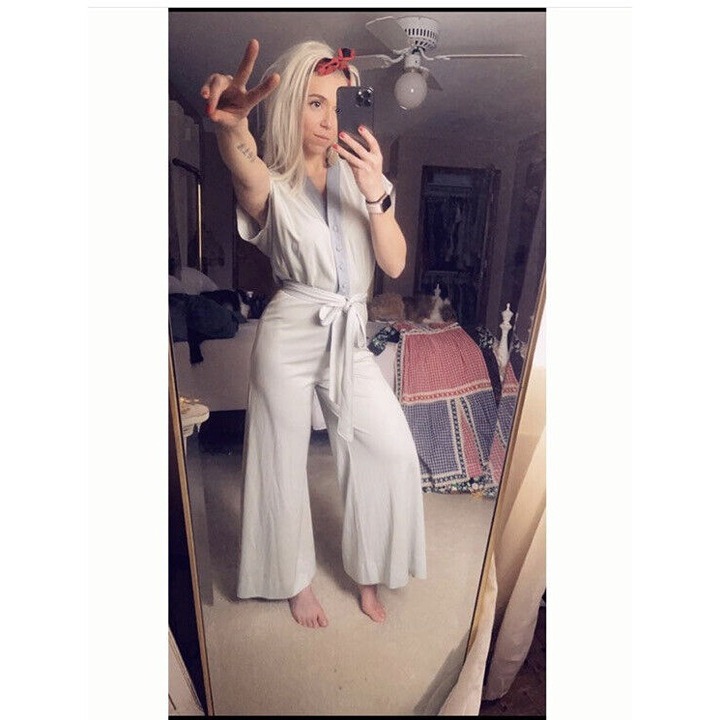 Vintage Womens Small Bell Bottom Flare Button Belted Jumpsuit