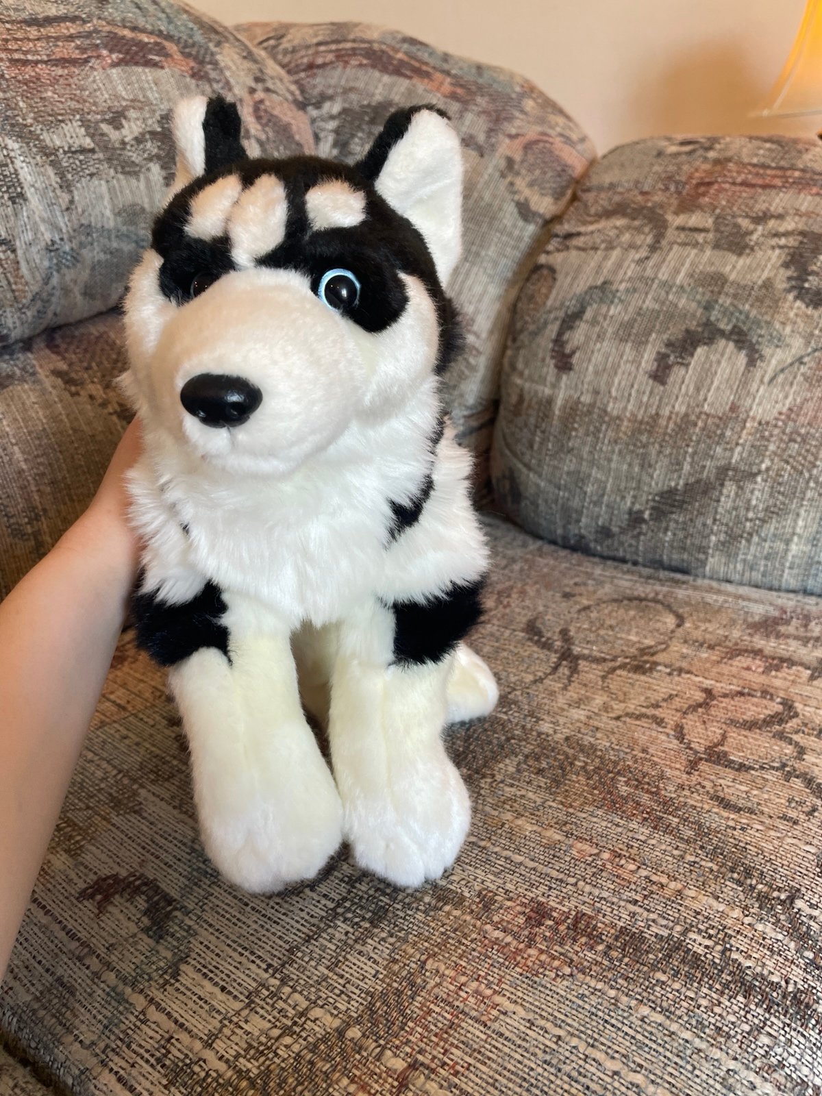 Plush laying black and white husky