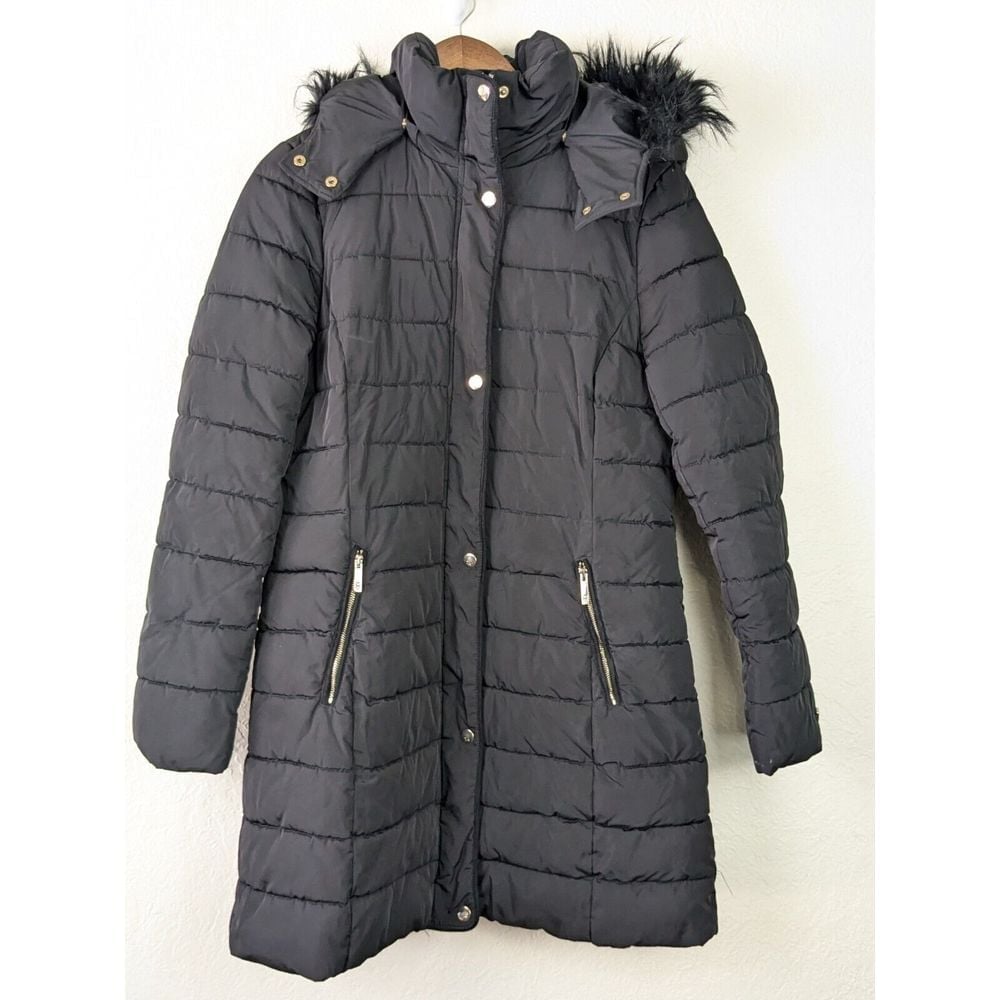 Tommy Hilfiger Womens Puffer Coat Sz M Black Winter Parka Winter Jacket Fur Trim