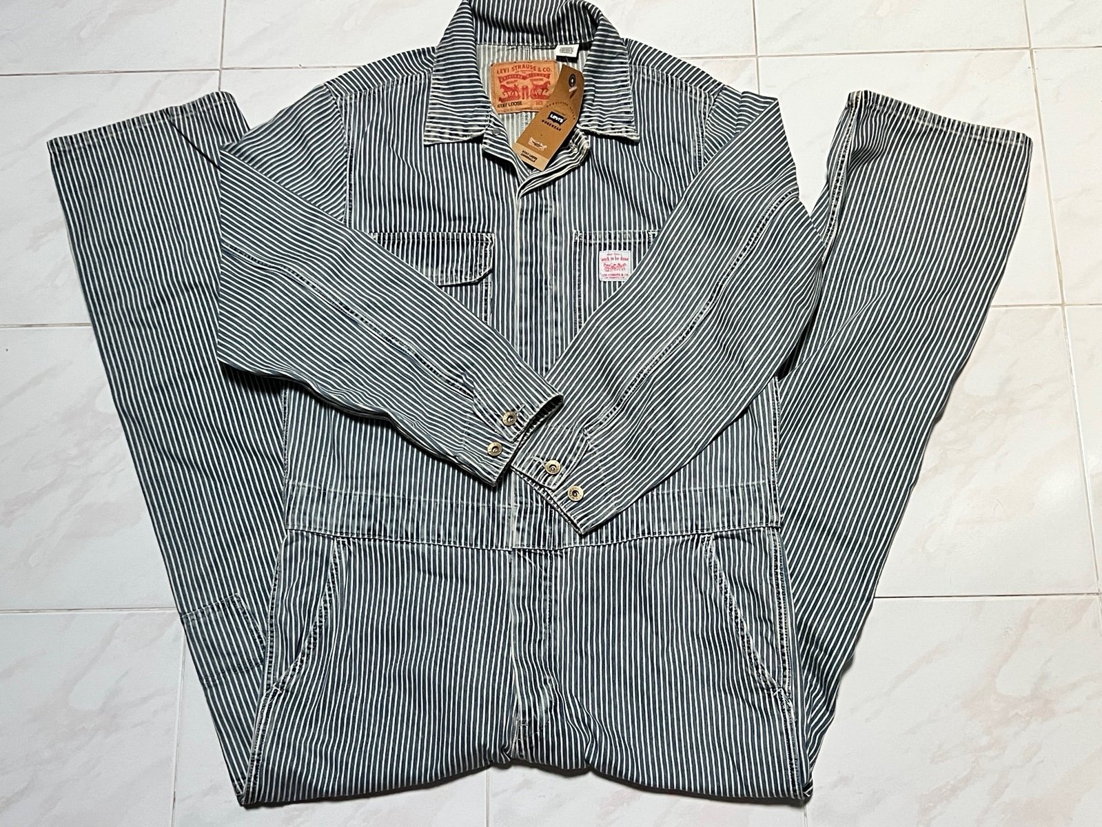 Levi’s Denim Pinstripe Jumpsuit Levis Workwear Stay Loose Coveralls Mens M