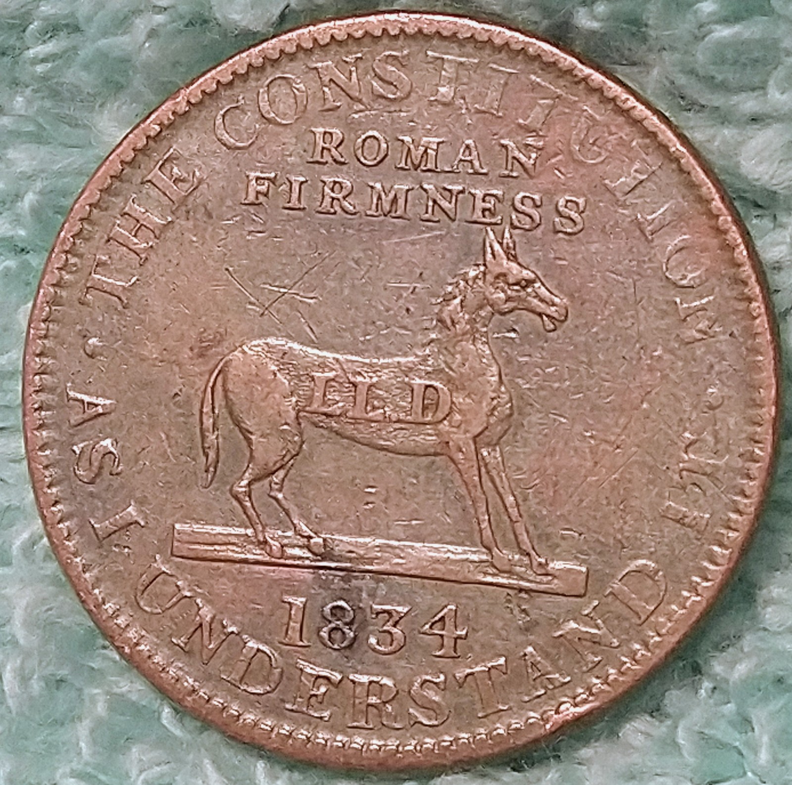 1834 Hard times TOKEN ROMAN Rare USA Genuine