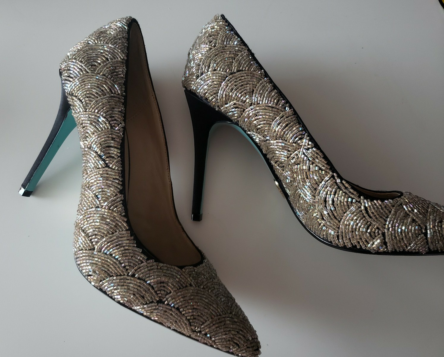 Betsey Johnson Art Deco Silver Black Beaded Pumps US 7
