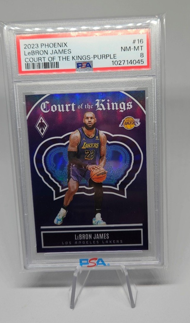 LEBRON JAMES!2023-24 PHOENIX COURT OF THE KINGS PURPLE BOOKEND 75/75! PSA 8