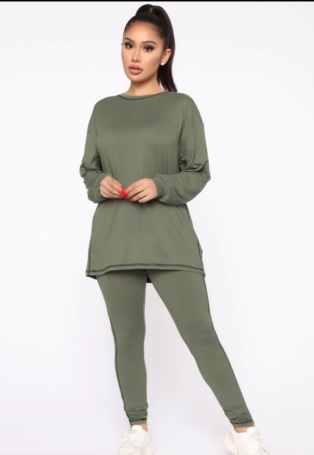 Soft Olive Detailed Trim Pant Set
