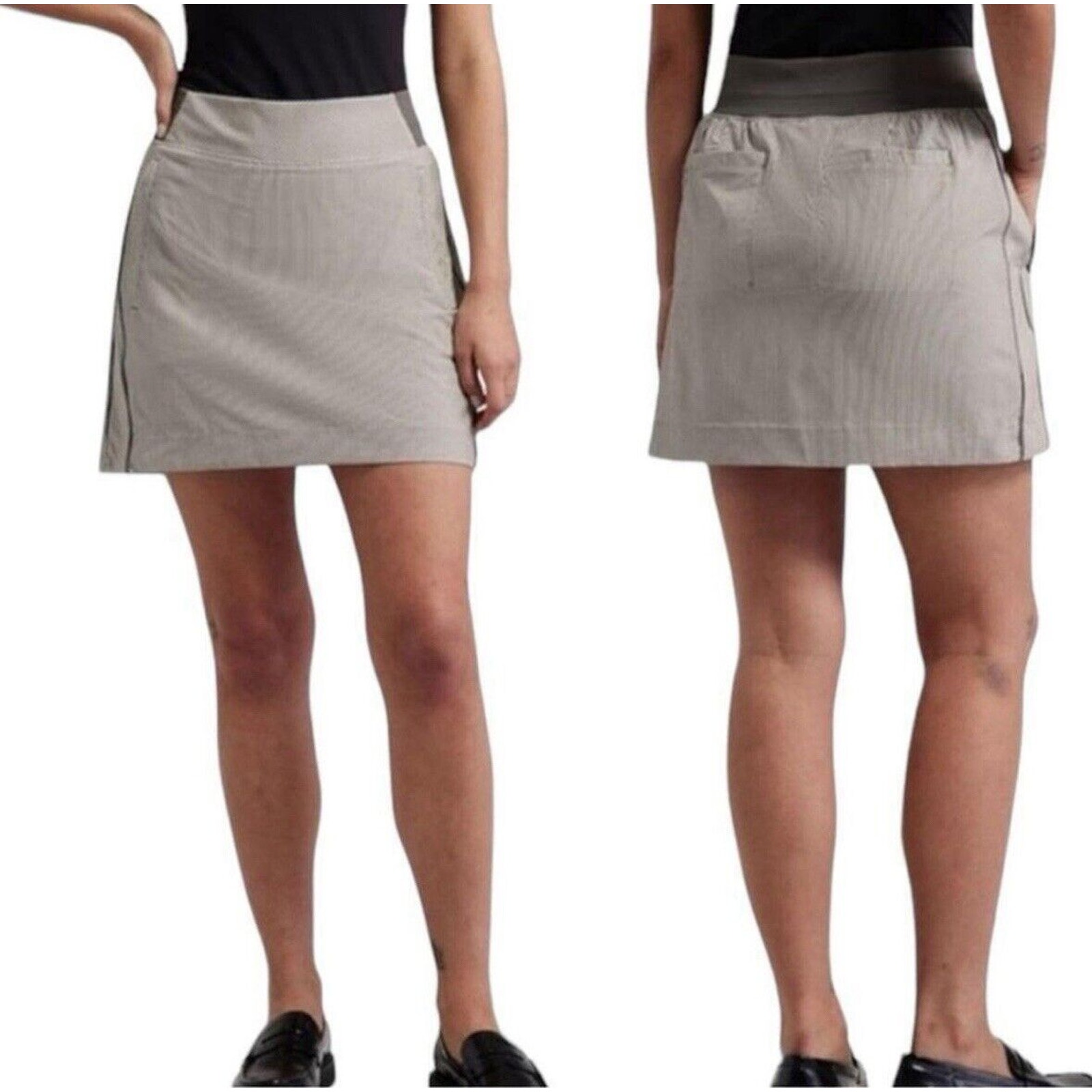 ATHLETA BROOKLYN TEXTURED 16 SKORT IN CITY STRIPE BLACK/ SEA SALT SIZE 8