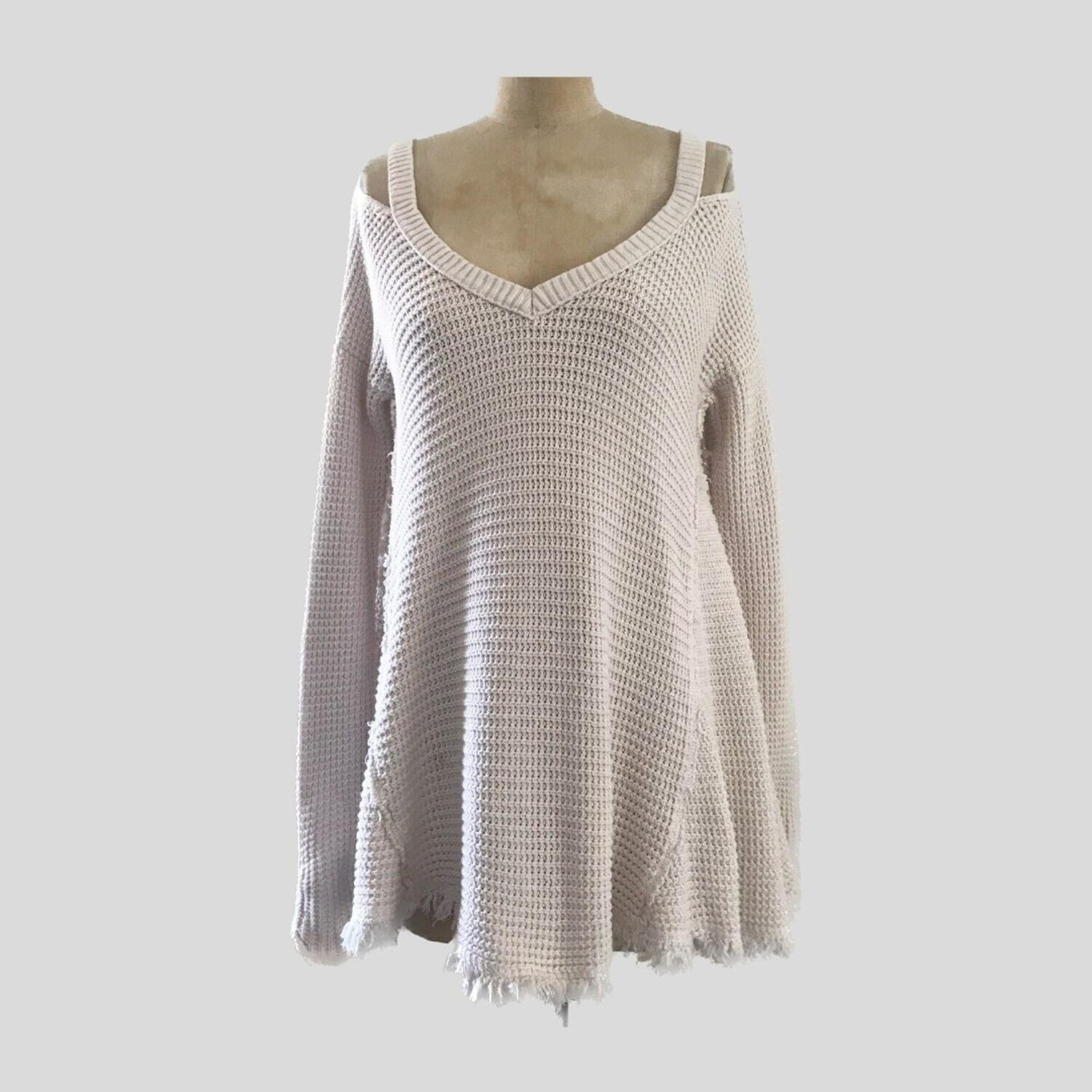 FREE PEOPLE | Waffle Knit Ivory Cold Shoulder Oversized Cotton V Neck Top