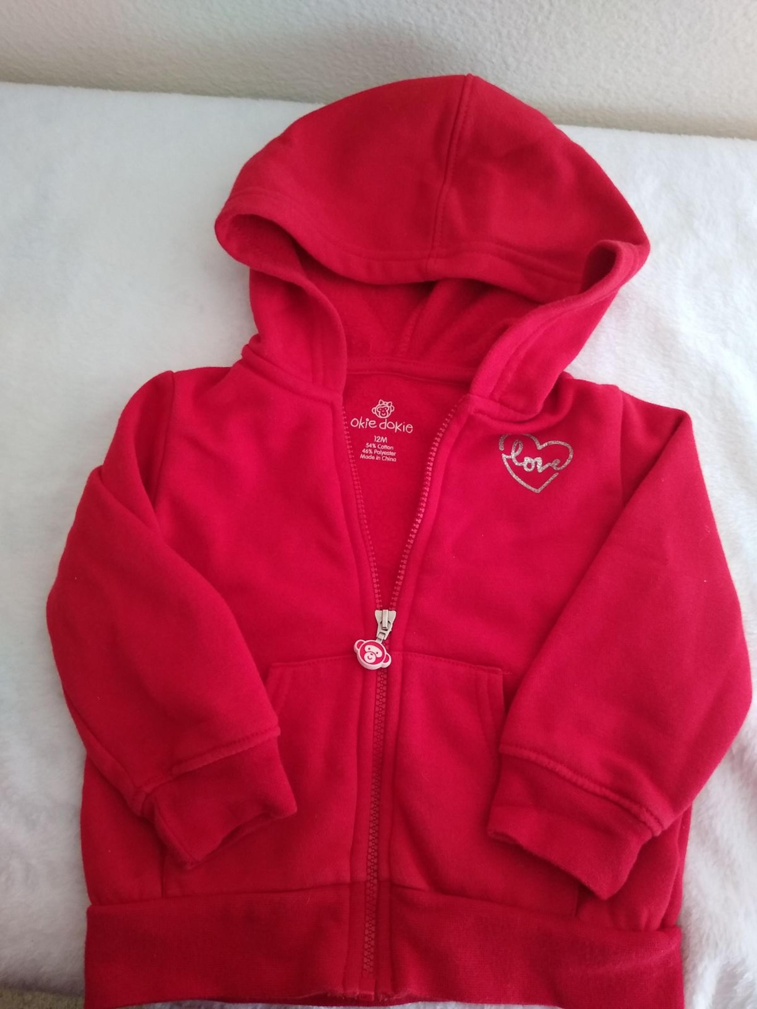 Okie Dokie Red Hoodie Zip Jacket w/ Love Monkey Heart Baby Girl Size 12 Months