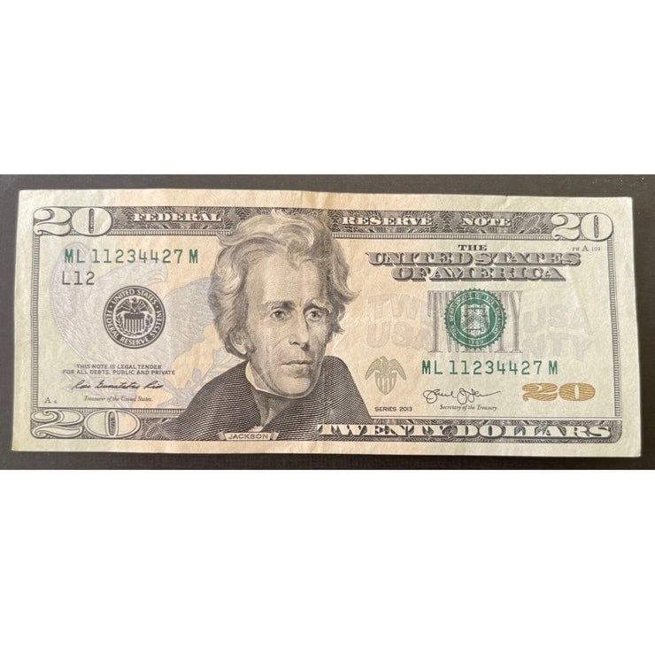 20 Dollar Bill Fancy Serial Number ML 1 1234 427 M 95.9% Very Cool