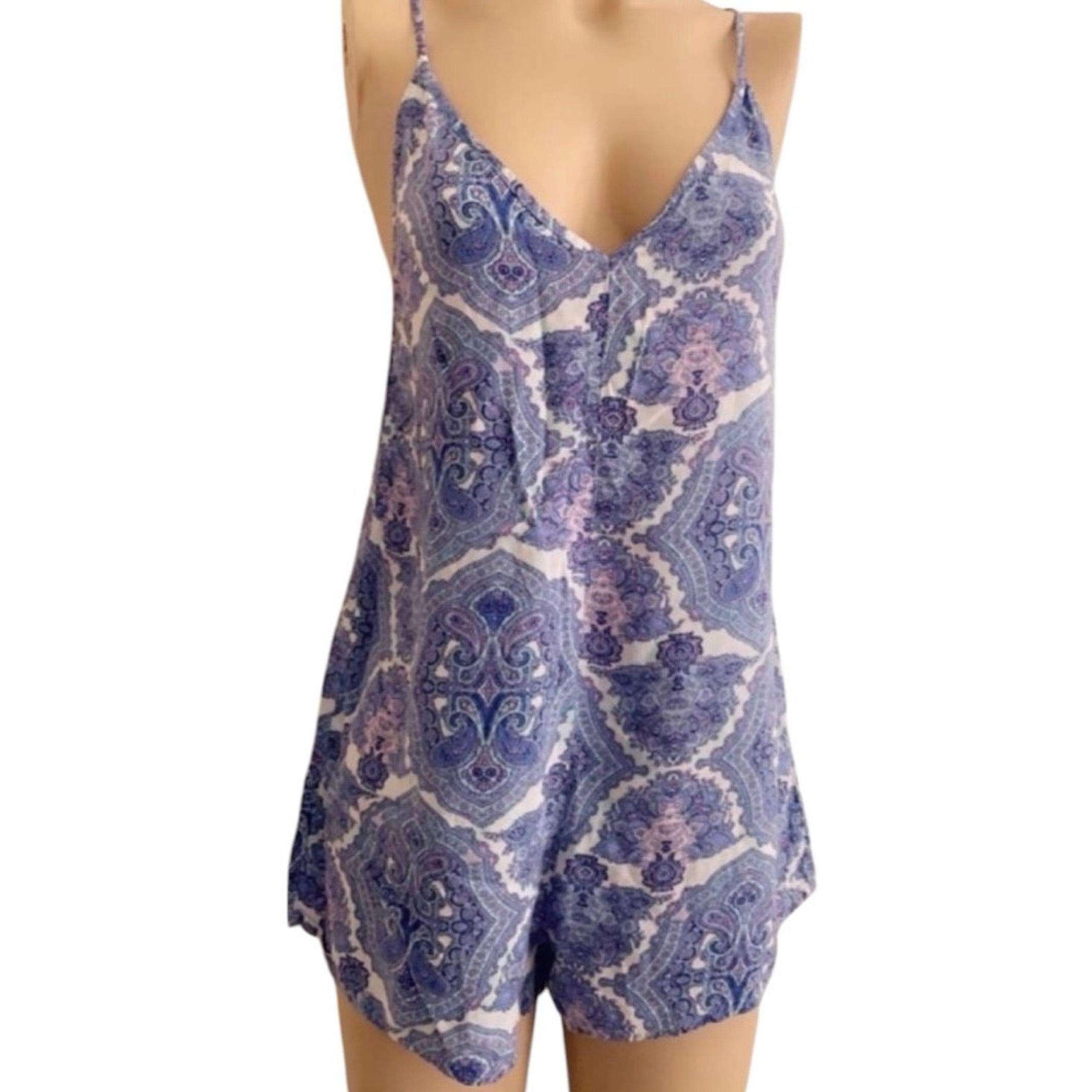 Victoria's Secret Women Small Romper Pajama Blue Paisley Spaghetti Straps