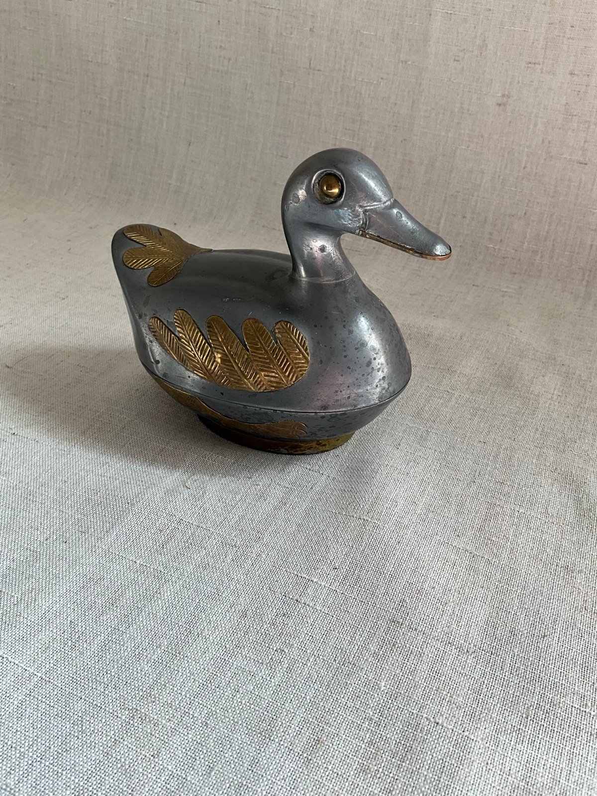 Vintage Pewter And Brass Duck Trinket Holder