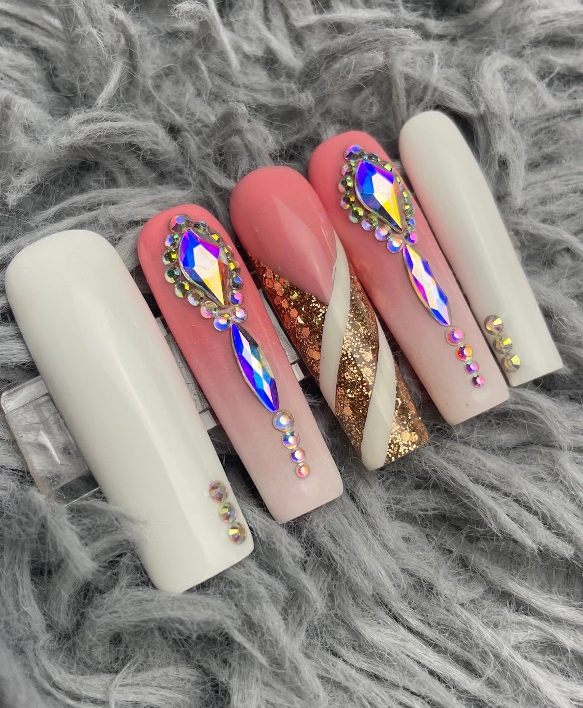 XL square press on nails with rhinestones gold glitter ombré white handmade