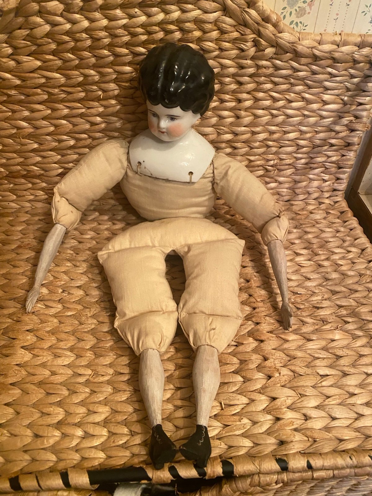 Antique Porcelain China Doll Cloth Body Hand Carved Wood Limbs