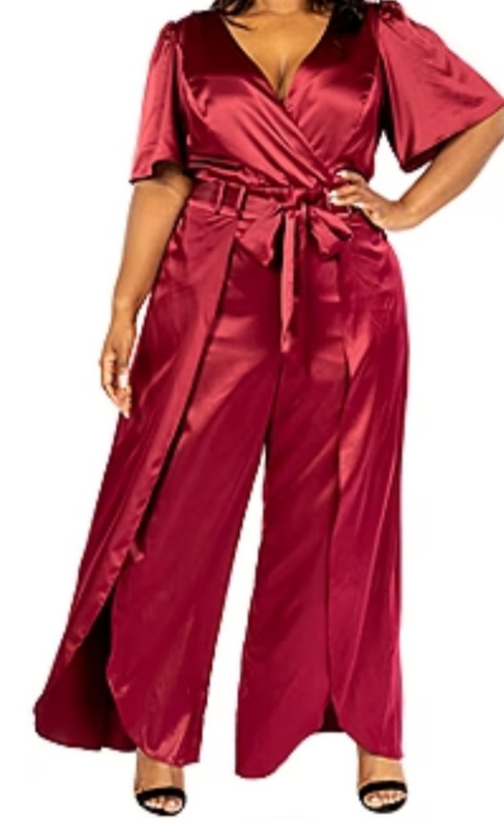 Premier Amour Plus Short Sleeve Satin Split Leg Jumpsuit 18W