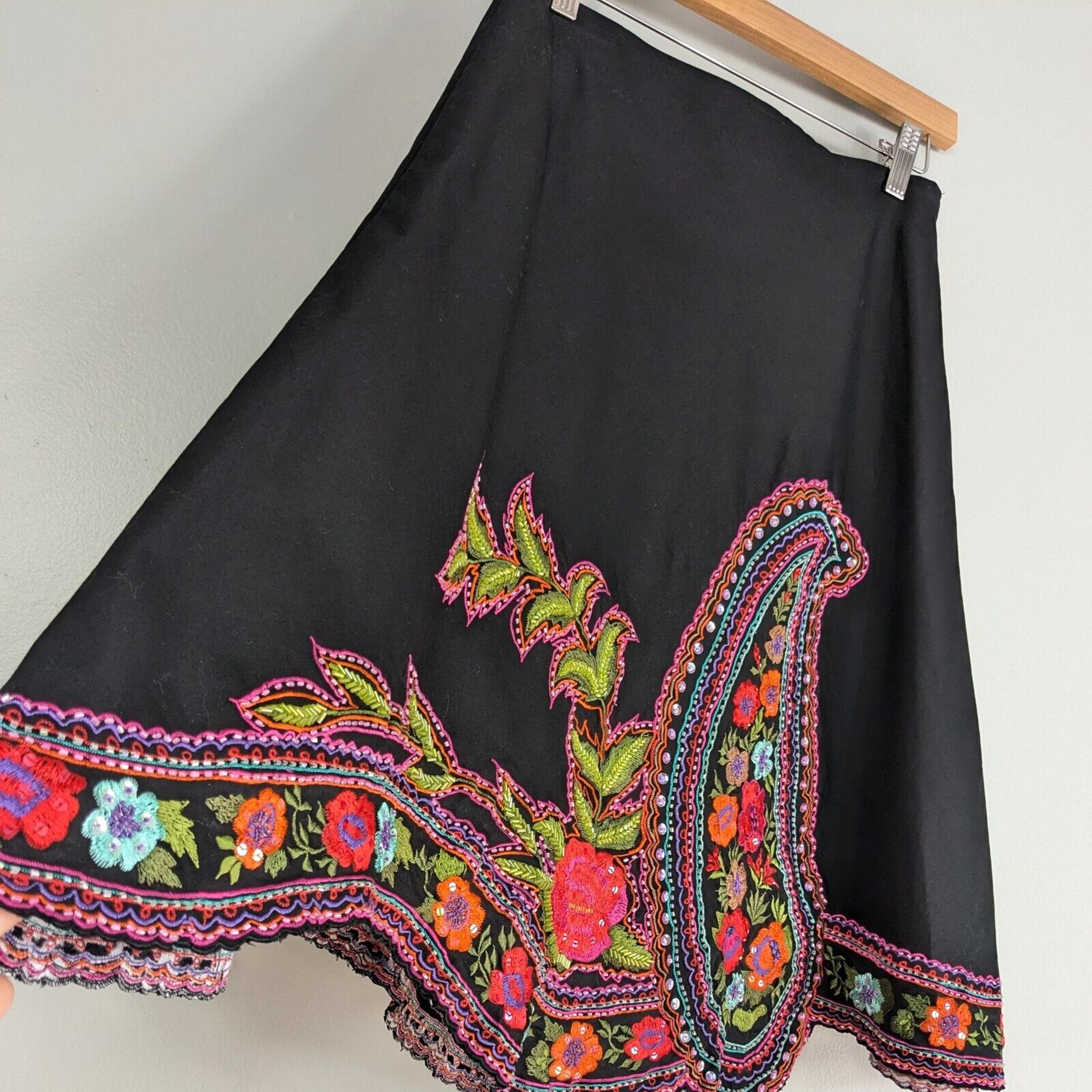 Anthropologie Basil Maude Midi Skirt Boho Eclectic Embroider Floral Bead Black 2