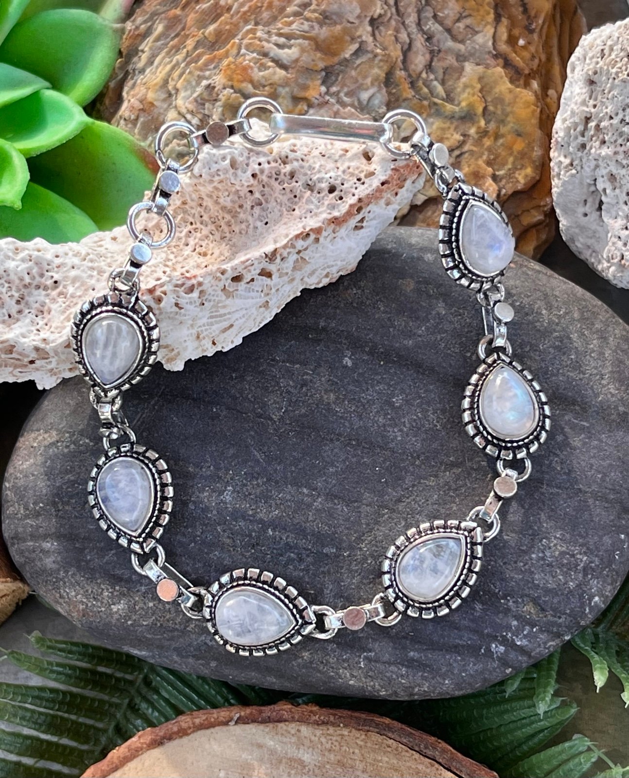 6 Stone Rainbow Moonstone Sterling Silver Adjustable 6.5-8” Bracelet