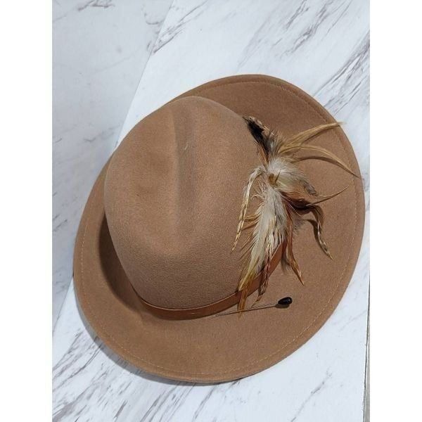 Lancaster Women's Tan 100% Wool With Feather Trim Fedora Hat