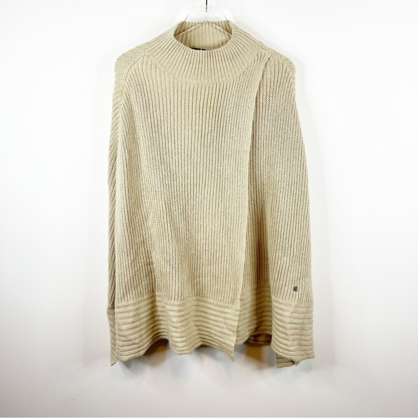 Lauren Ralph Lauren Wool Blend Faux Wrap Poncho L/XL Tan