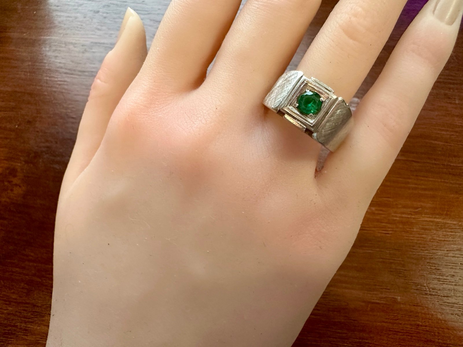 Mens Vintage MCM Midcentury 14k White Gold Simulated Emerald Signed Ring Sz 10