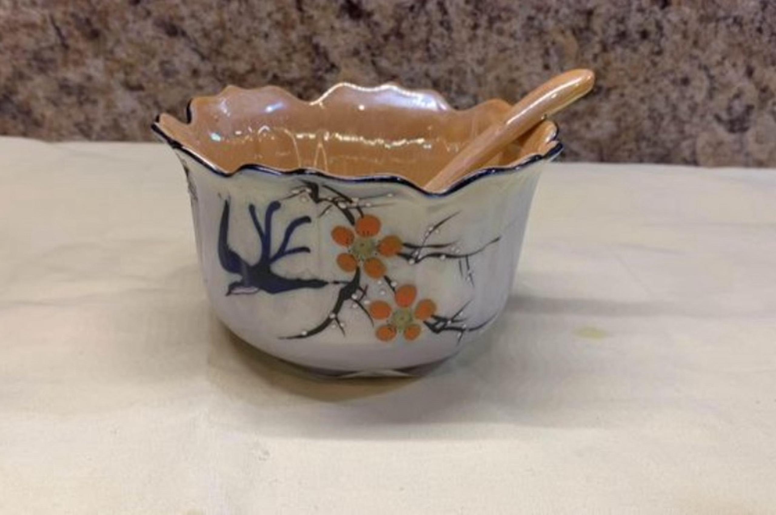 Vintage Lusterware Japan Bird Flowers Peach Blue Sugar Nut Bowl  With Spoon