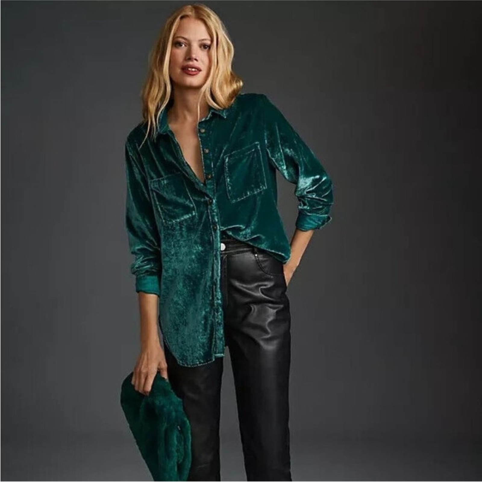 NWOT Anthropologie Pilcro The Hadley Relaxed Button Down Shirt Green Velvet XLP