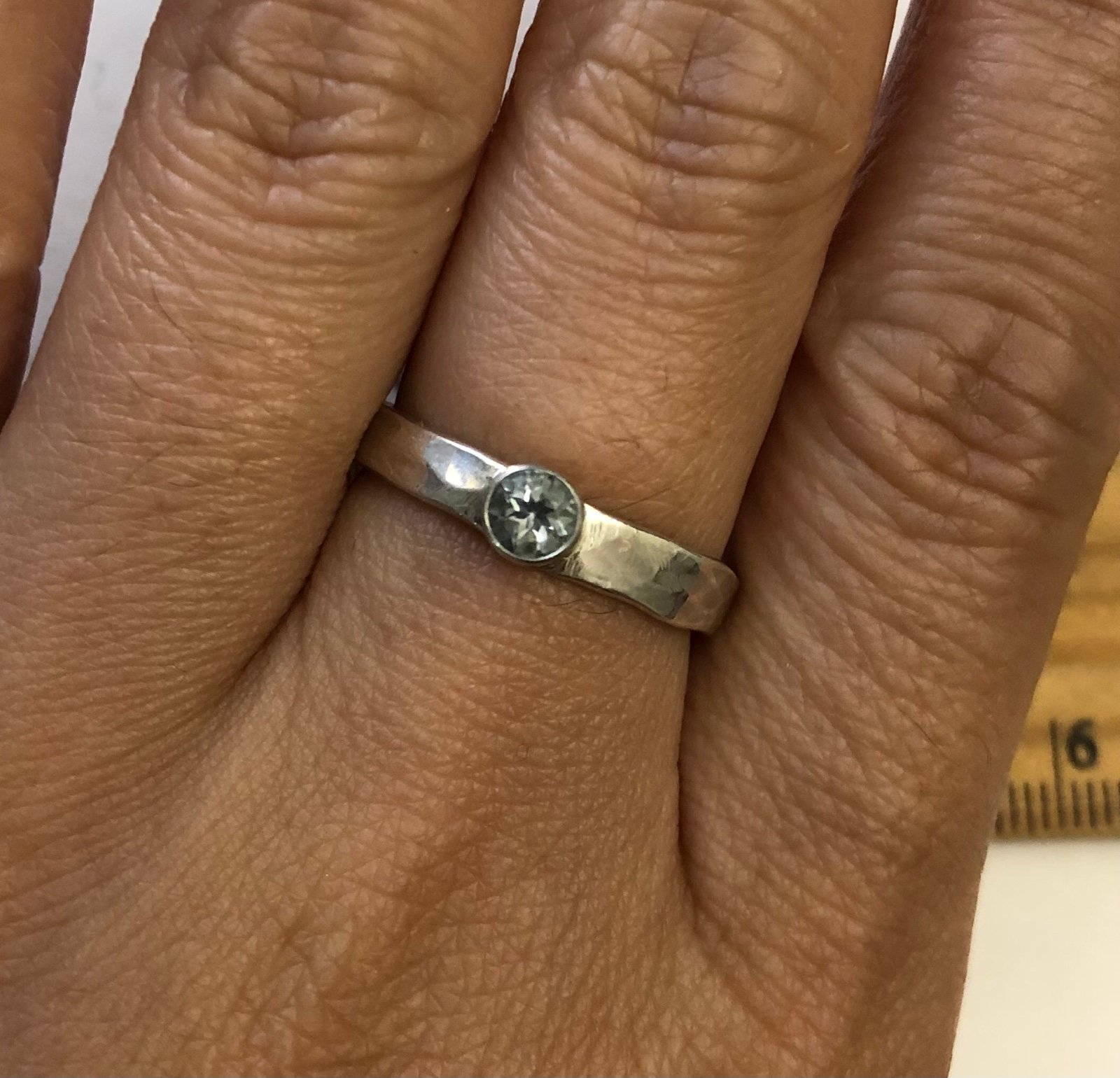Artisan handcrafted sterling silver solitaire white topaz hammered ring size 8