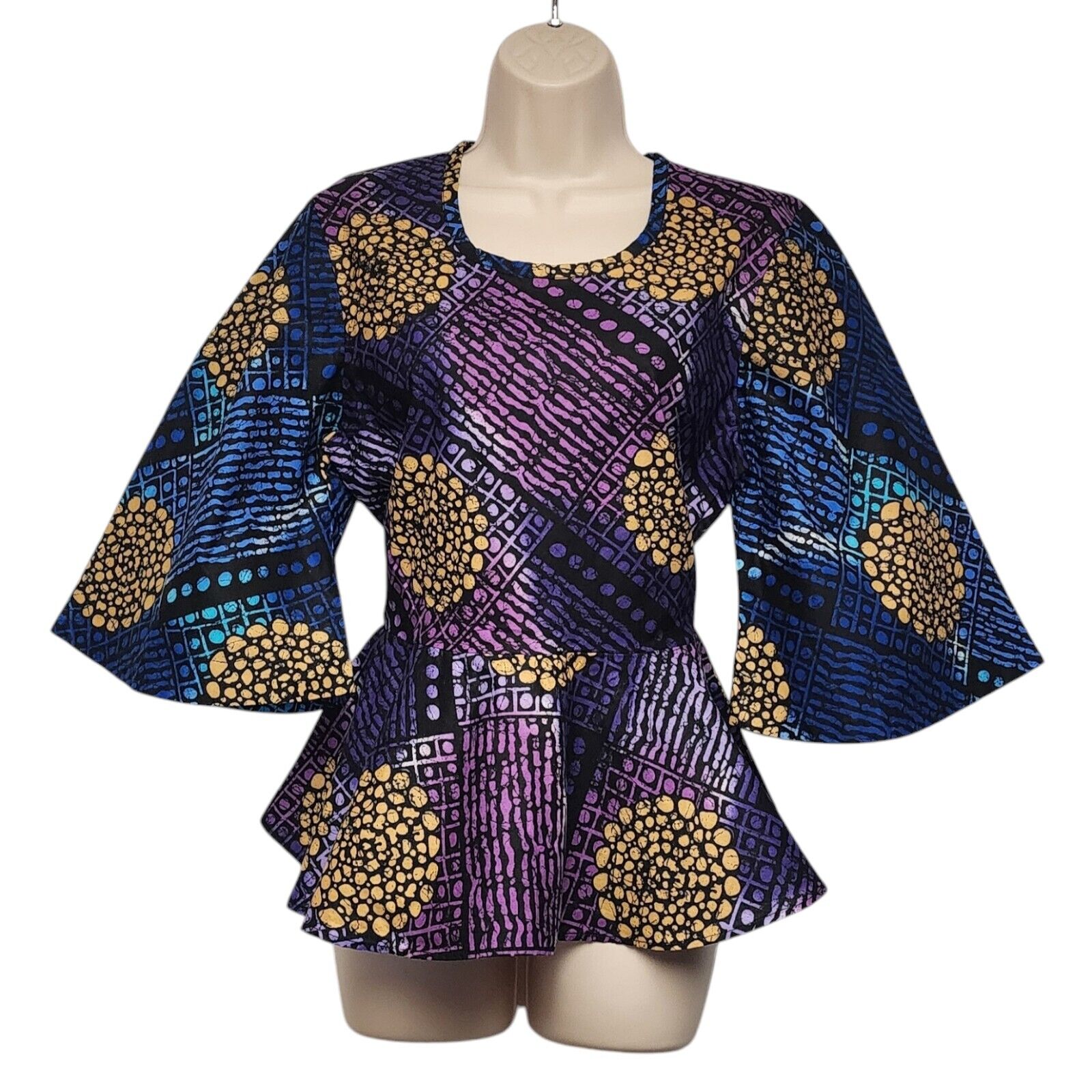 Kiaki Clothing African Print Peplum Top Blouse Blouse Multi-Blue Size Large