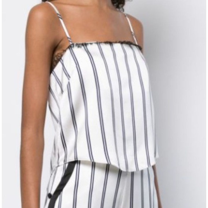 FLEUR DU MAL Striped Lace Trim Silk Camisole in White Pinstripe Size Small