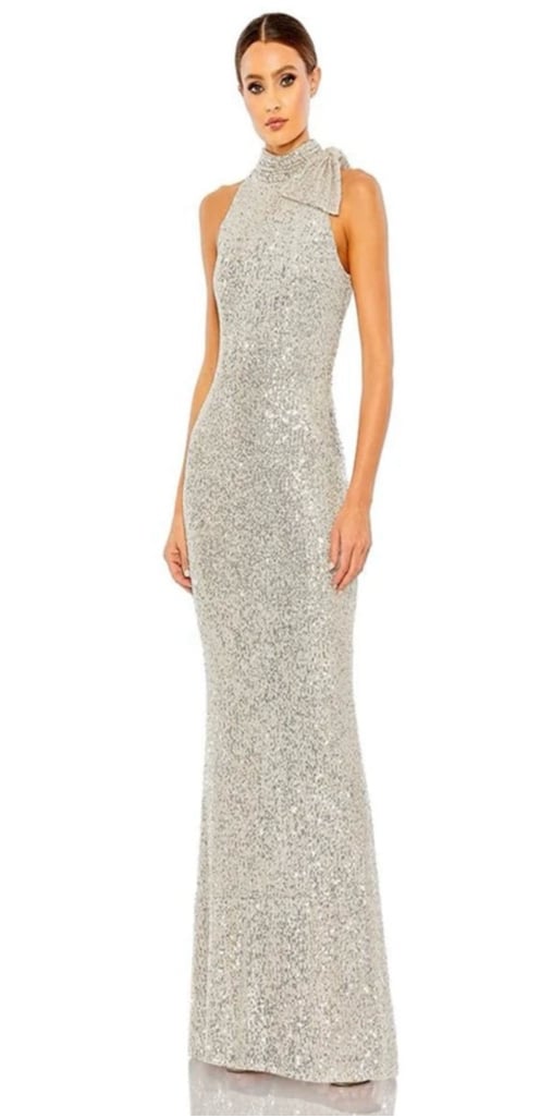 Women's Mac Duggal Silver Sequin Halter Neck Gown Size 4