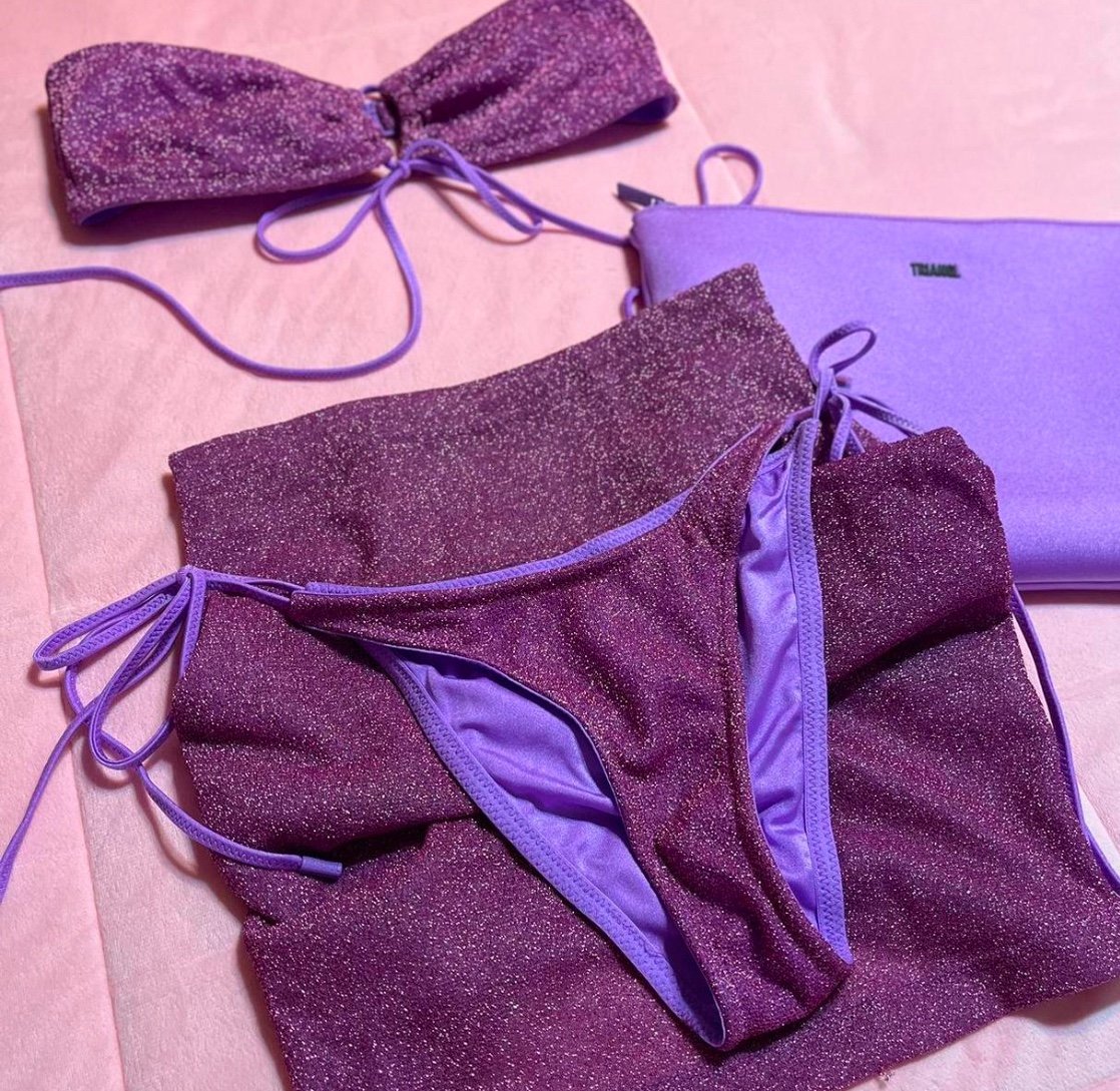 Rare Triangl plum purple sparkle glitter side tie front tie bikini set NEW notag