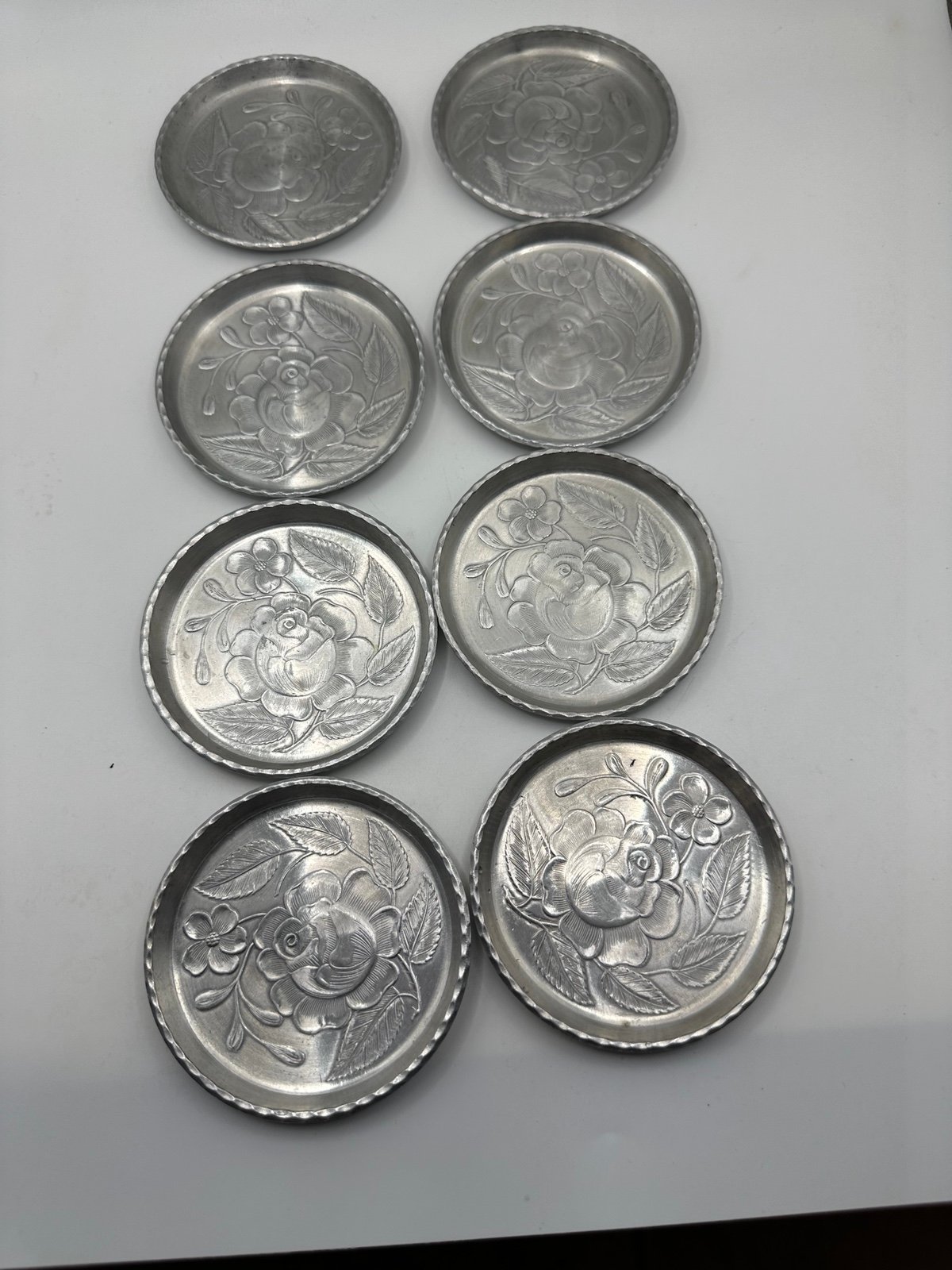 Vintage Hammered Aluminum Coaster/Tray Floral Roses Pattern Set of 8