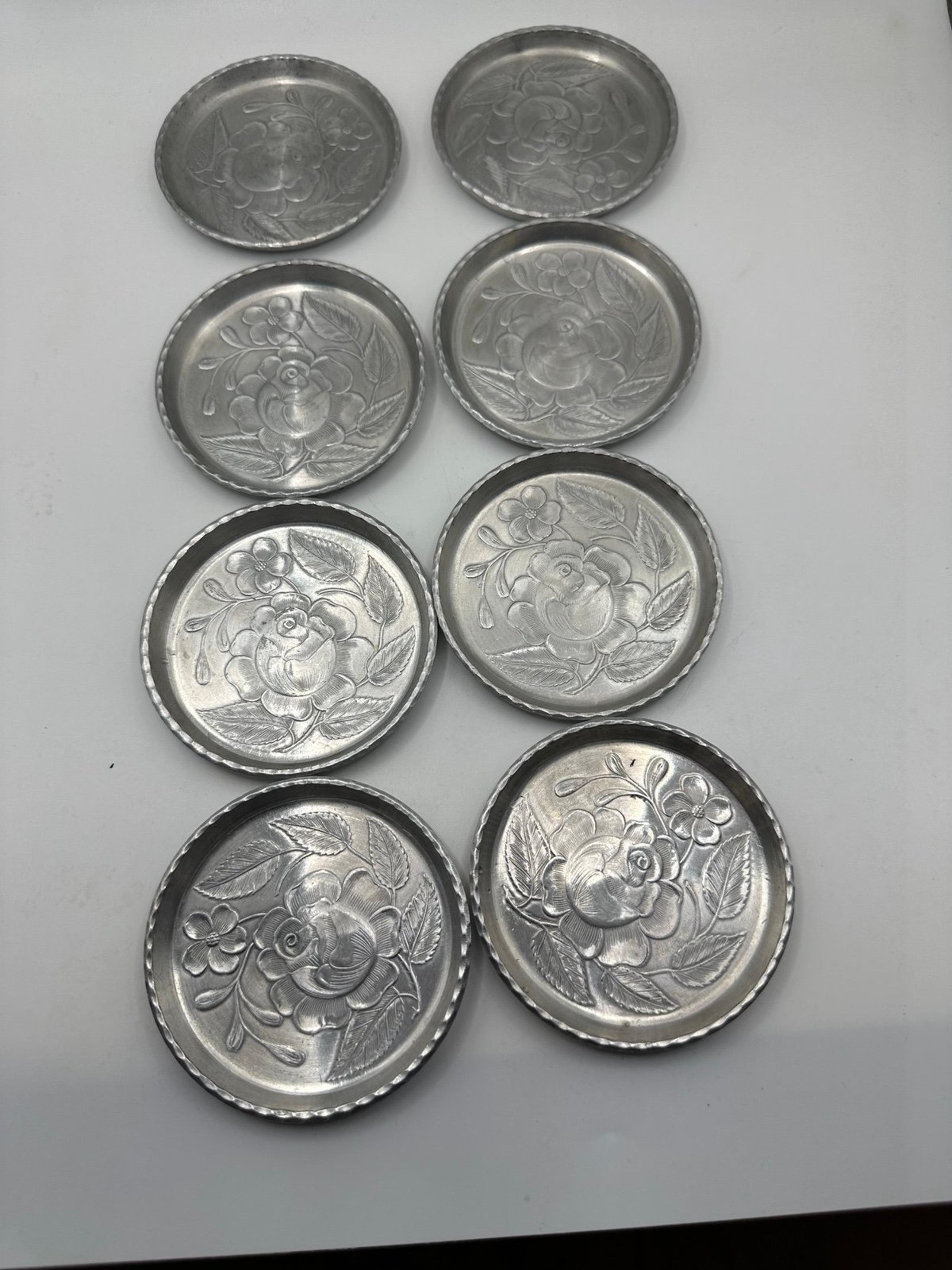 Vintage Hammered Aluminum Coaster/Tray Floral Roses Pattern Set of 8
