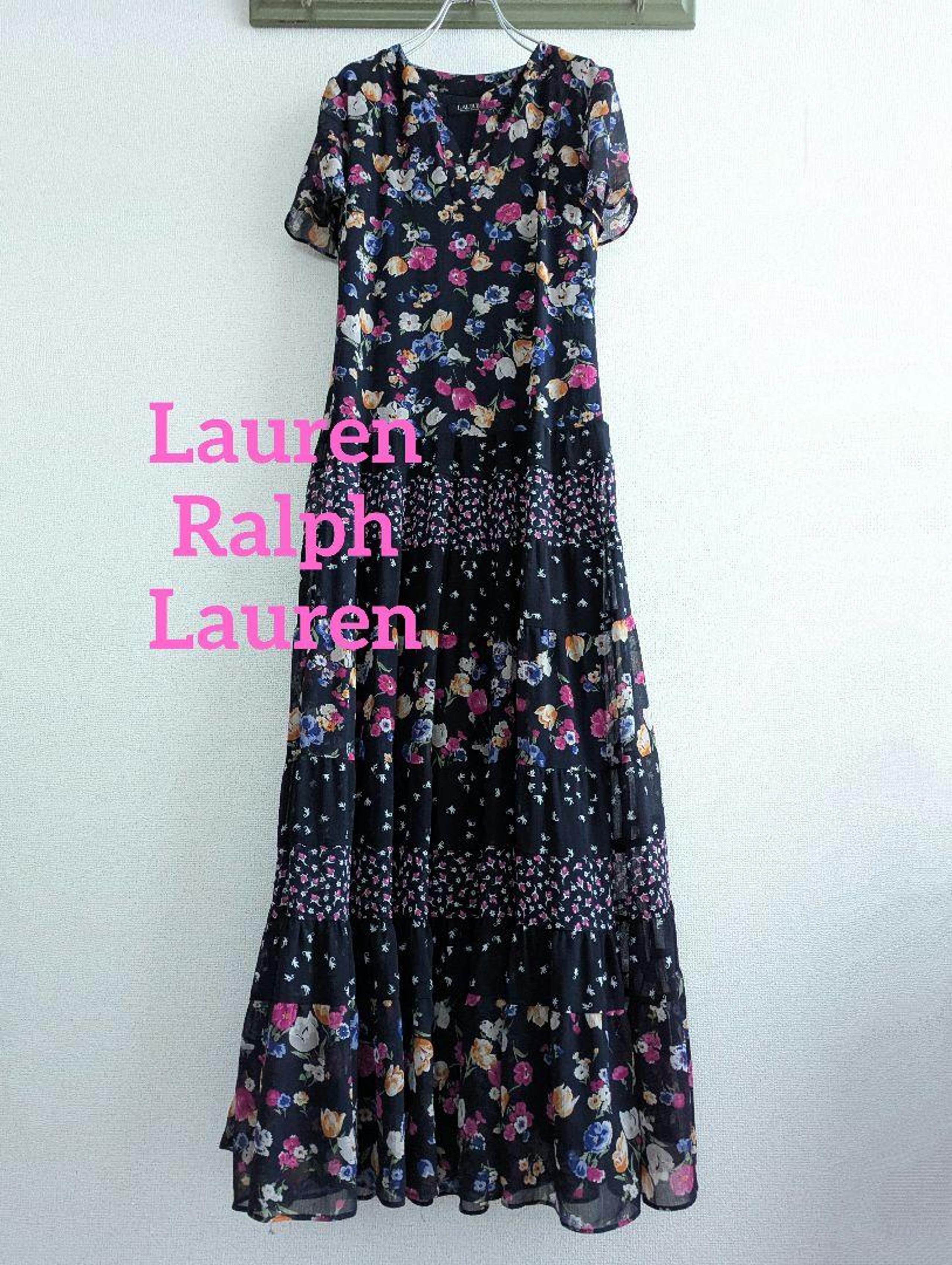 【Good Condition】Ralph Lauren See-Through Floral Tiered Long Dress, Navy