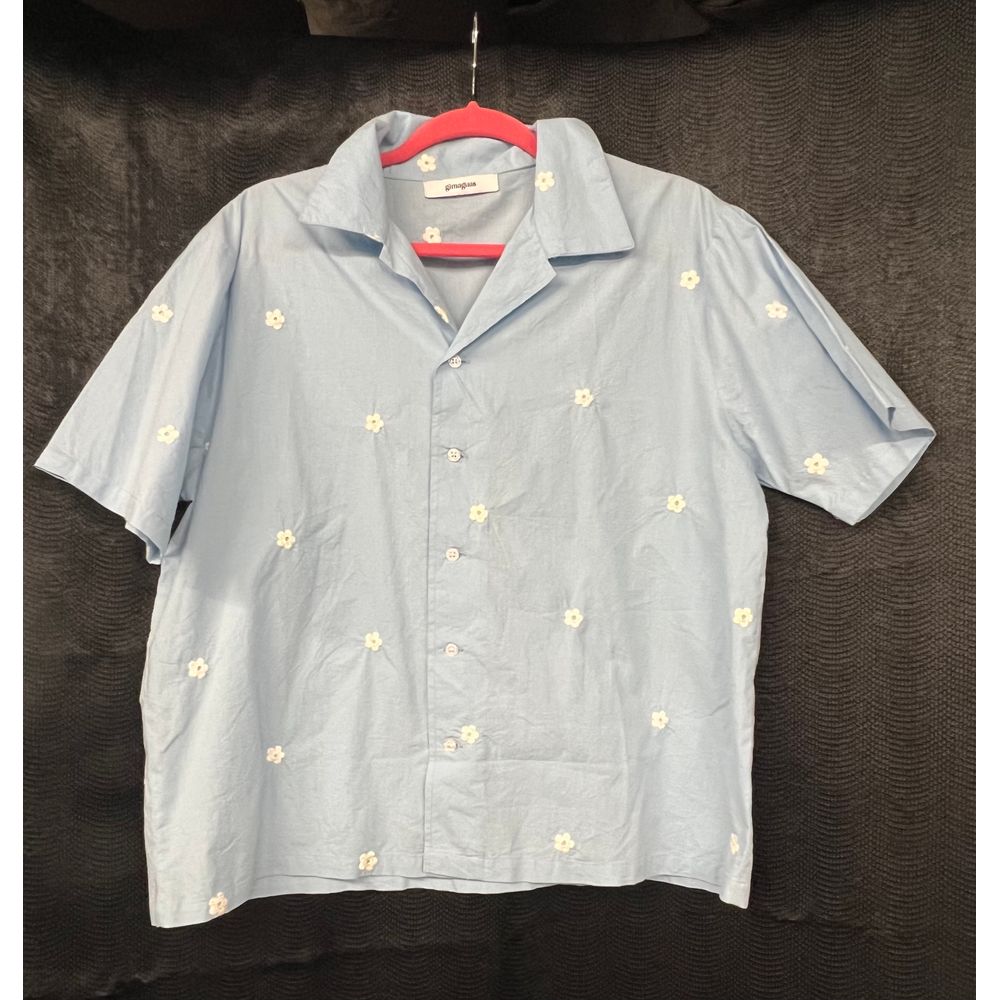 Gimaguas Light Blue Cotton Button-Up Shirt with Floral Embroidery Pattern