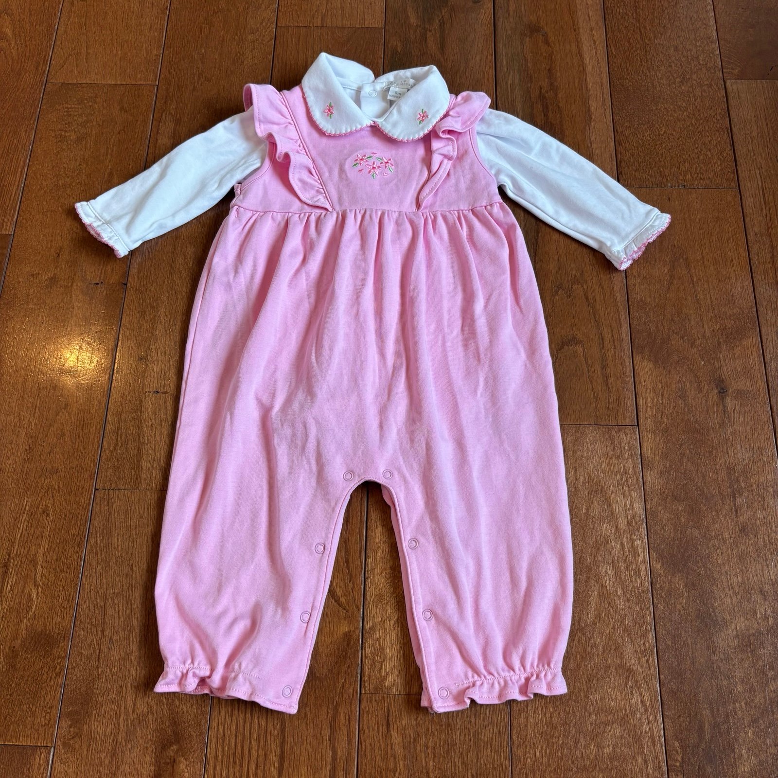 NWOT Girls Kissy Kissy 2 Piece Outfit Overalls and Shirt Pink White Floral 9M