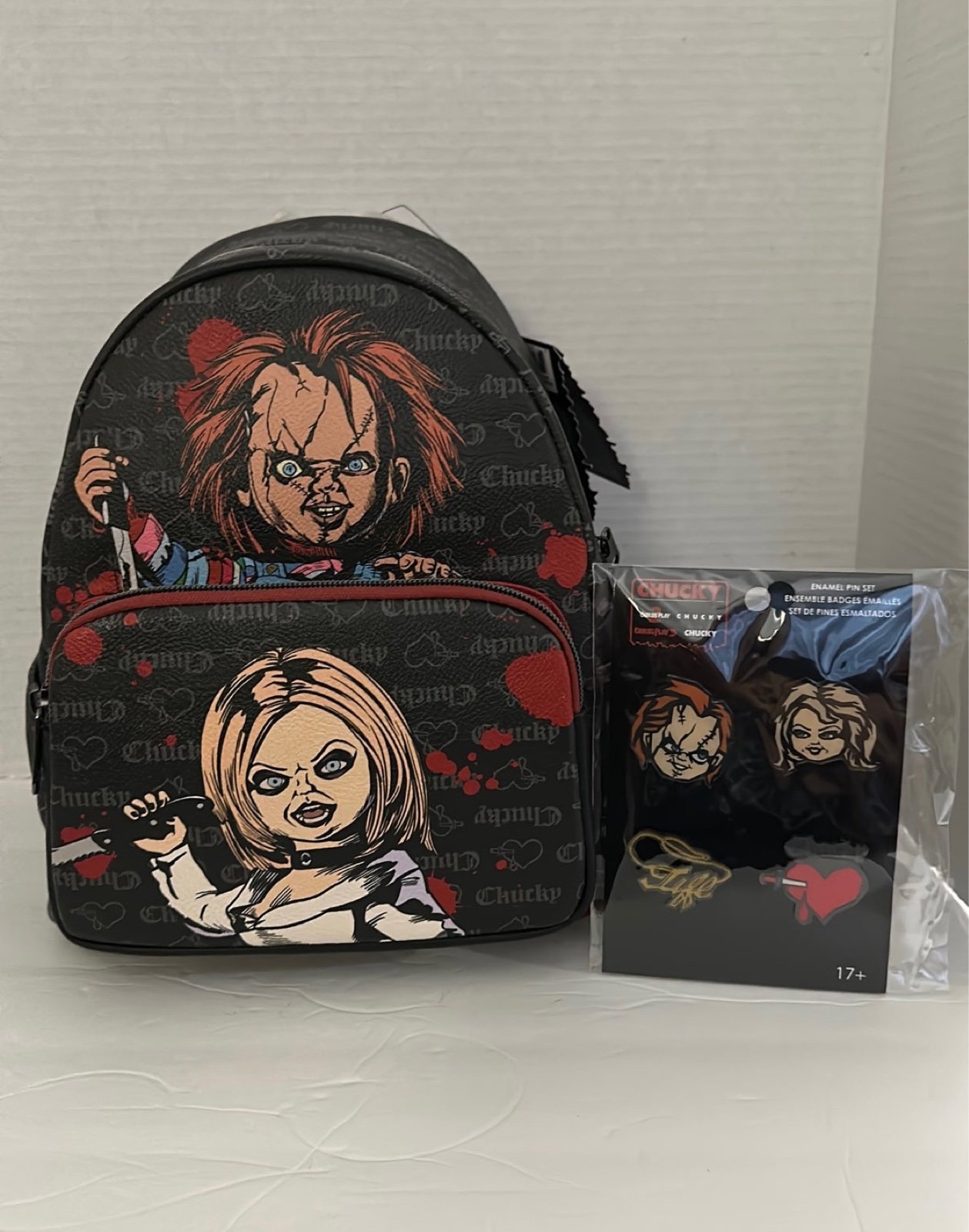 Chucky &  Tiffany Funko mini backpack and 4 pin collectable set