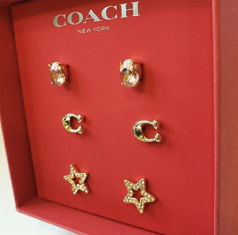 Coach Signature Star Earrings Set. 3 pairs in gift box. Pink stone, gold