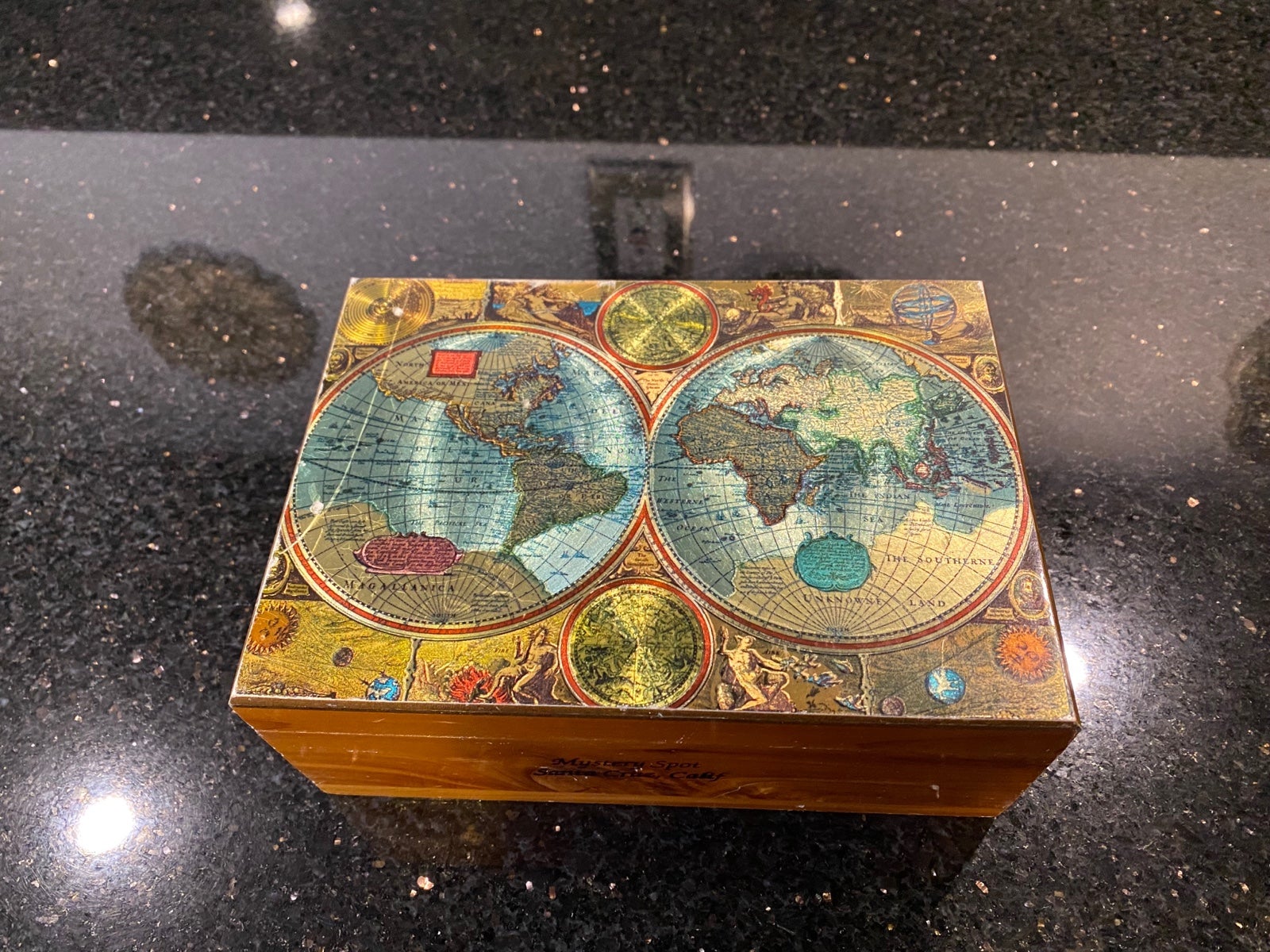 Vintage Cedar Globe Celestial Zodiac Jewelry Box Trinket Treasure Chest Foiled