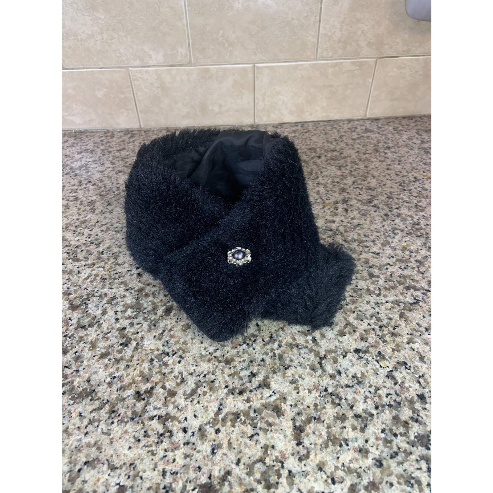 Faux Fur Dog Collar Stole Scarf Wrap and Pendant Black