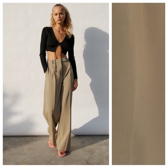 NWT. Zara Tan Wide Leg Menswear High-waisted Pants/Trousers. Size S.